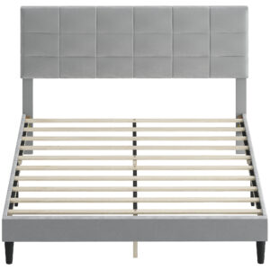 Queen Size Bed Frame with Upholstered Headboard, Modern Platform Bed Frame with Wood Slats, 1100 lbs Capacity, Grey