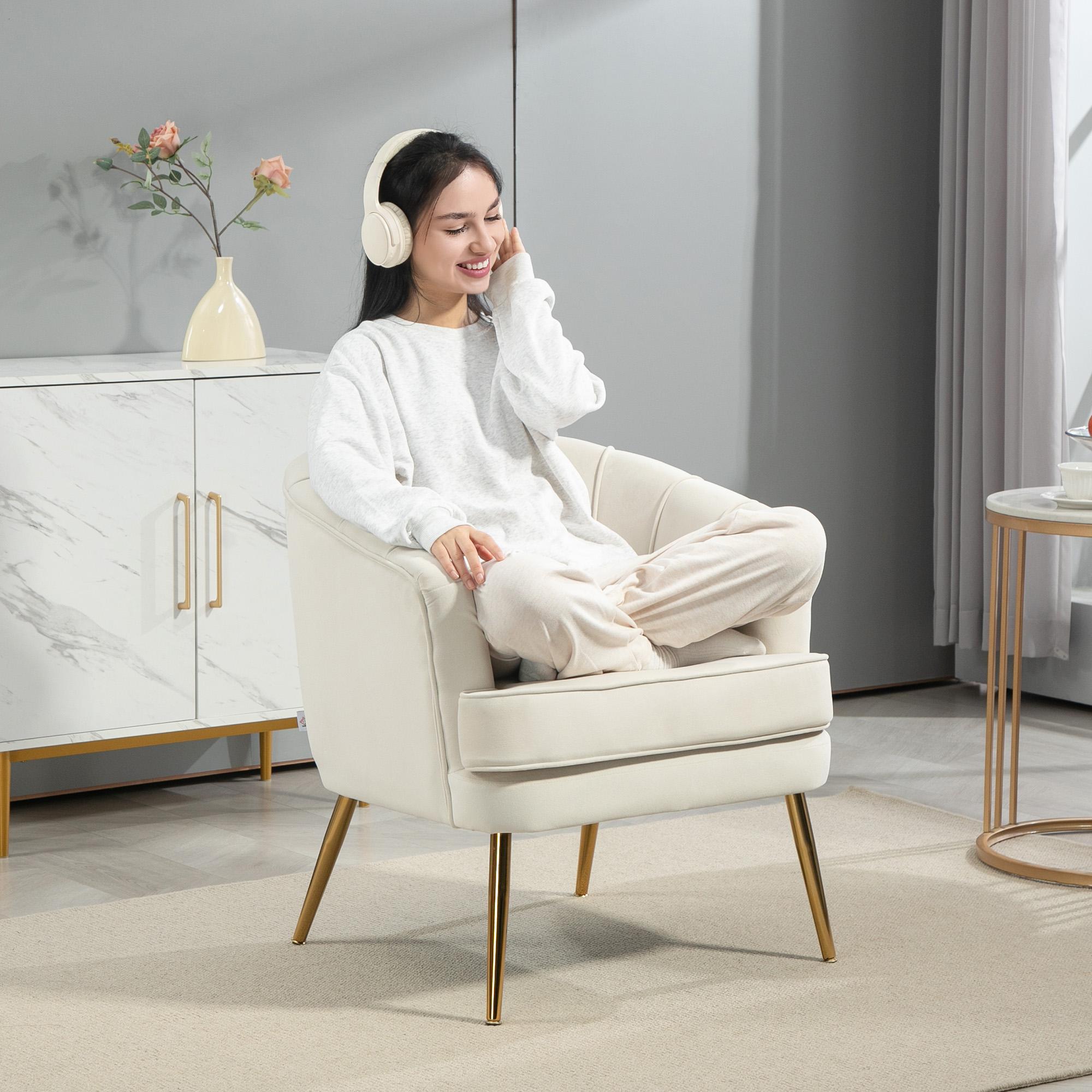 Fabric Armchair, Modern Accent Chair with Gold Metal Legs for Living Room, Bedroom, Home Office, Cream White - Image 4