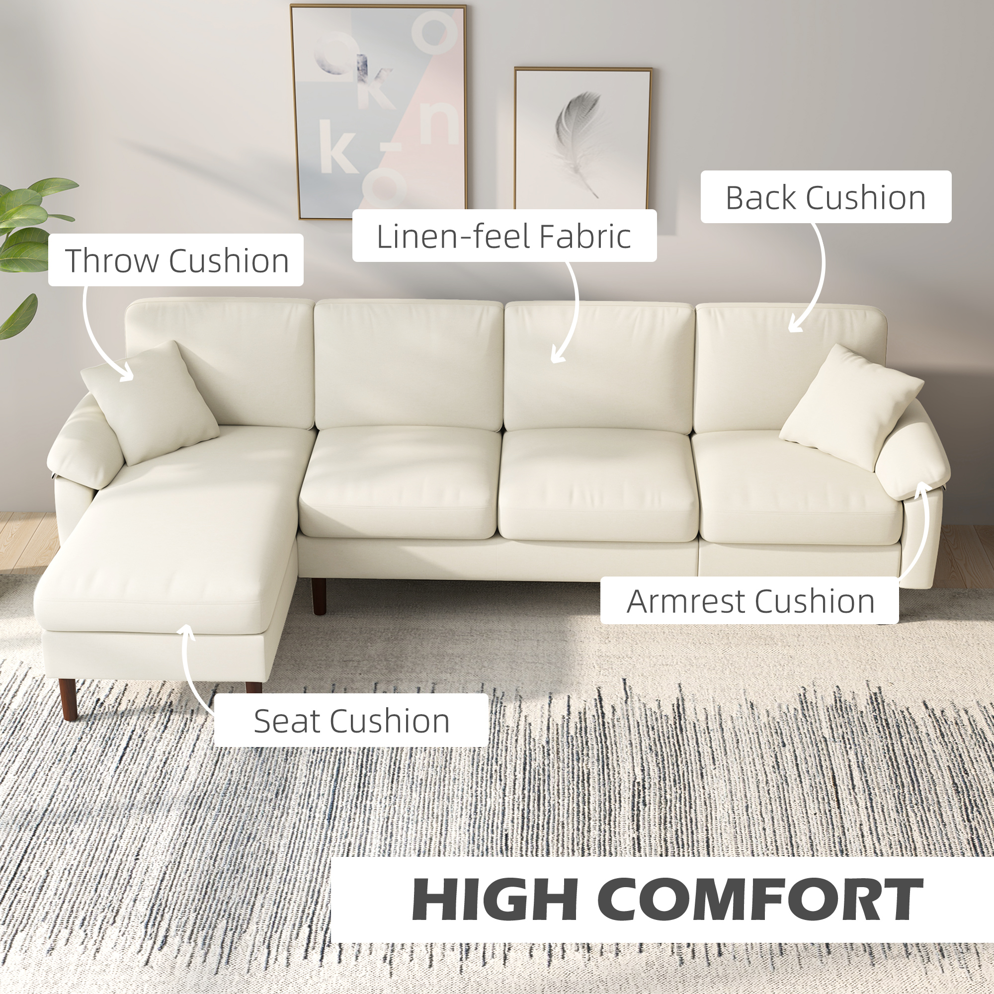 L-Shape Sofa, Modern Sectional Couch with Changeable Chaise Lounge, Pillows and Wooden Legs for Living Room, Cream White - Image 2