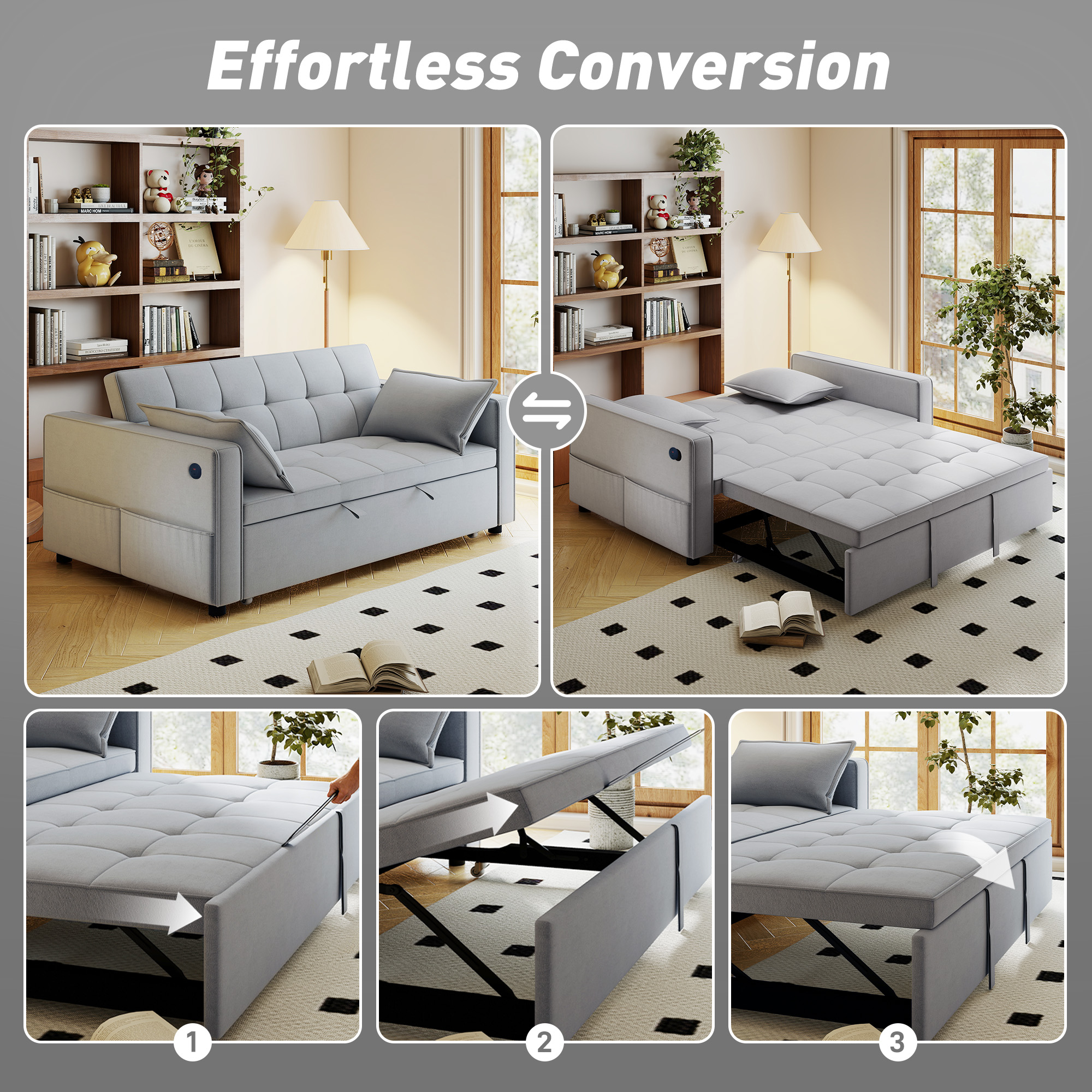 3‑in‑1 Double Sofa Bed, Pull Out Sleeper Sofa with USB Charging, Adjustable Backrest, Side Pockets, Light Grey - Image 2