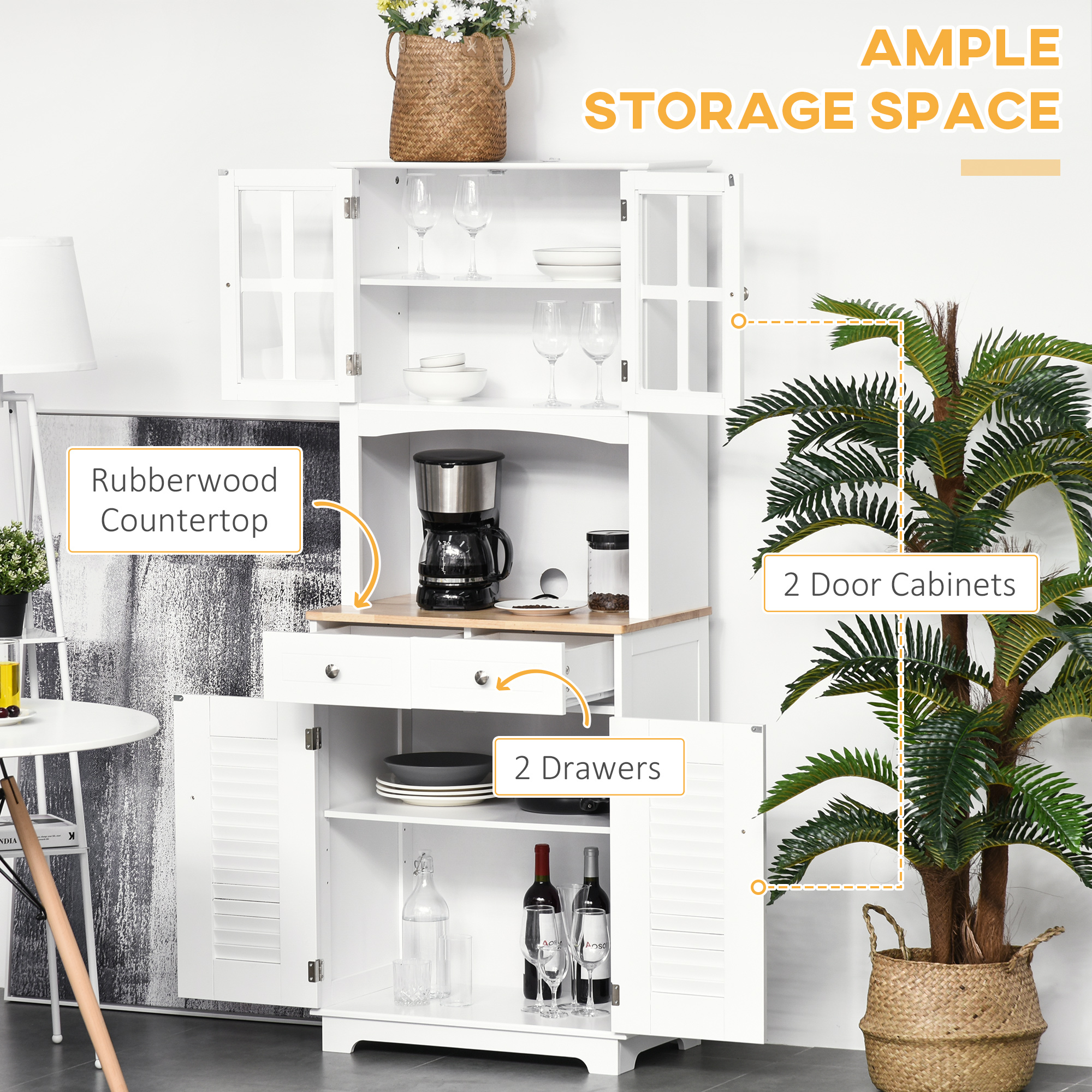 Coastal Style Kitchen Buffet and Hutch Wooden Storage Cupboard with Framed Glass Door LouveredCabinet Drawers Microwave Space for Dining Room Living Room White - Image 3