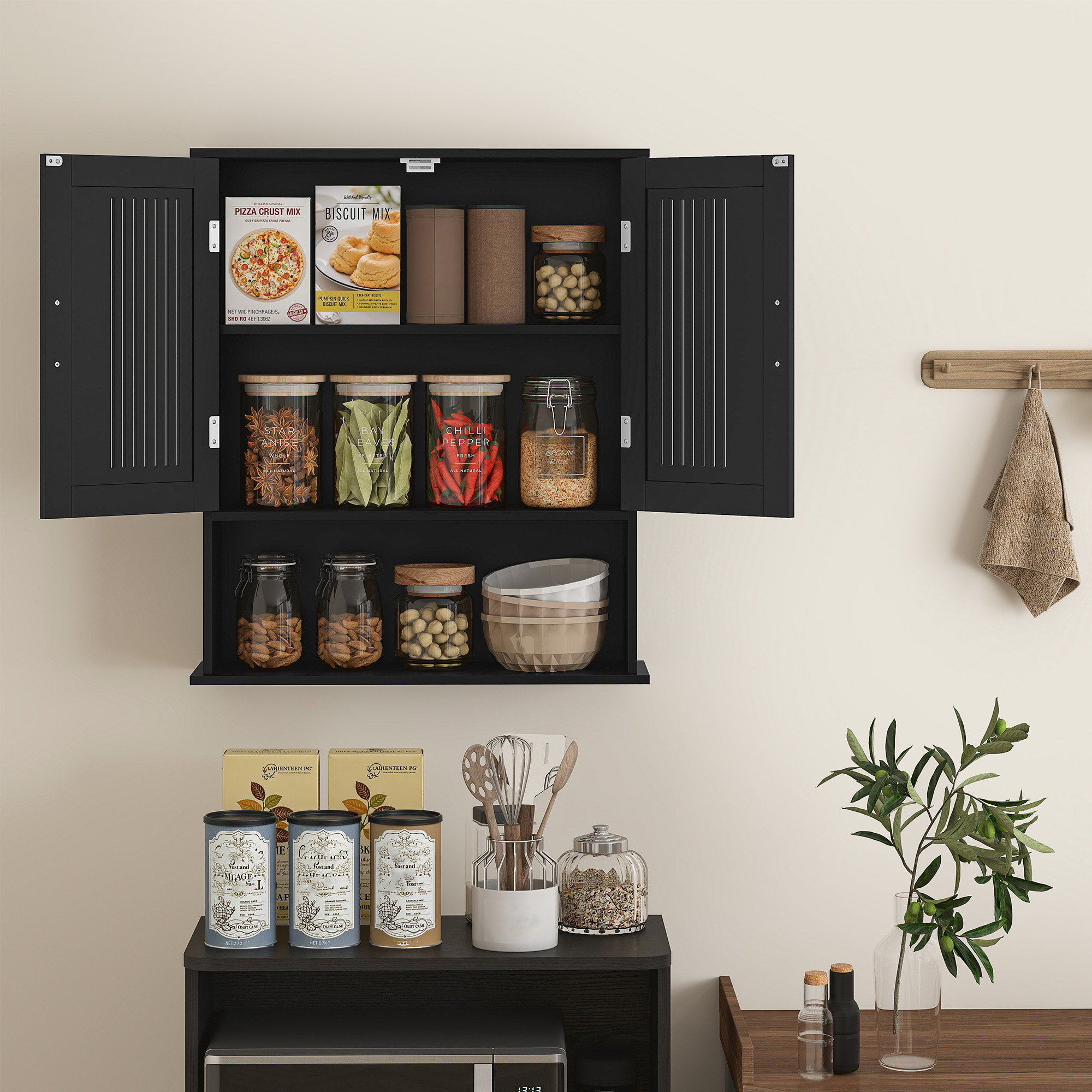 Modern Wall Mount Bathroom Cabinet, Storage Organizer with 2 Door Cabinet and Shelf, Black - Image 5