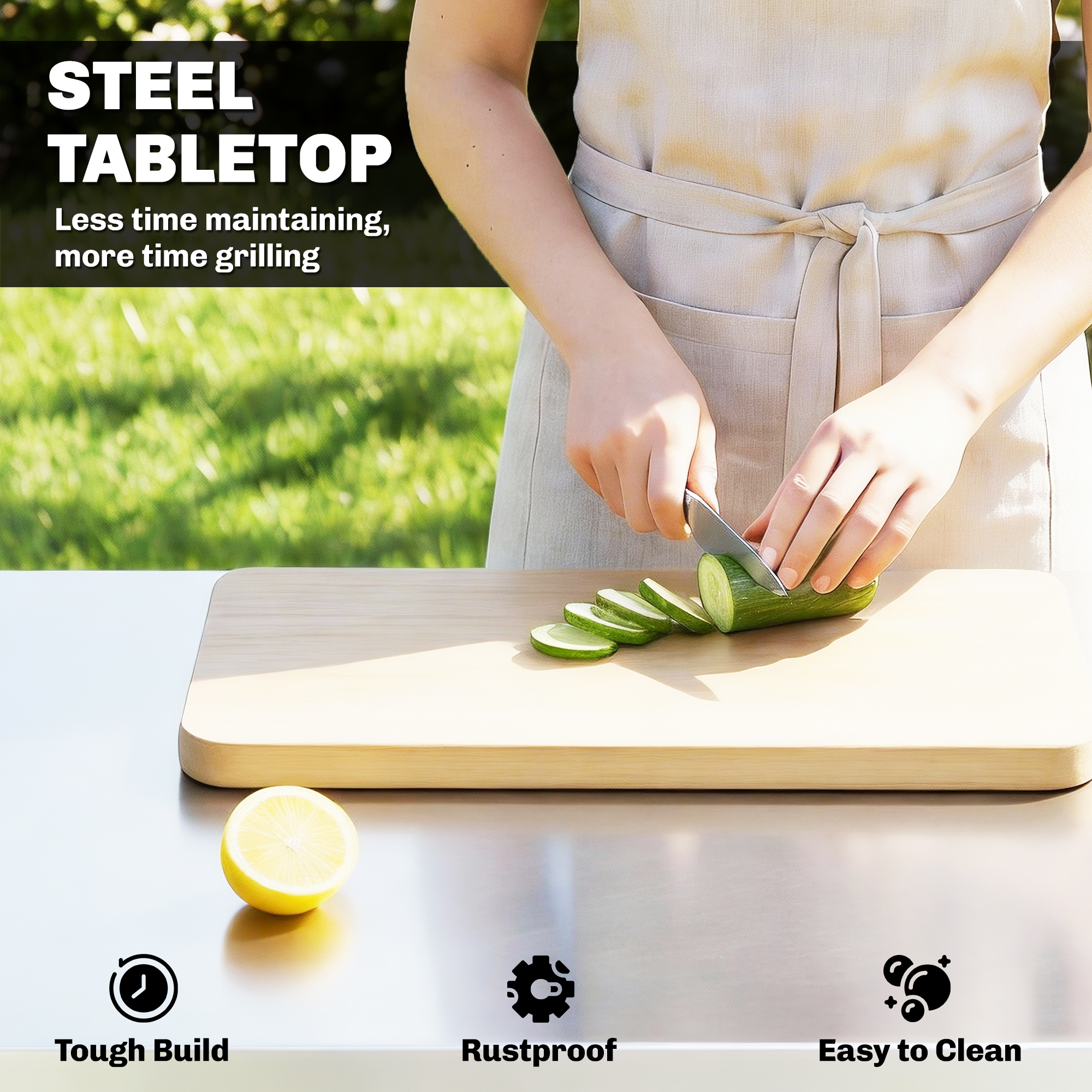 Outdoor Grill Cart with Stainless Steel Tabletop, Pizza Oven Stand with Shelf, Lockable Wheels, Rolling BBQ Table - Image 2