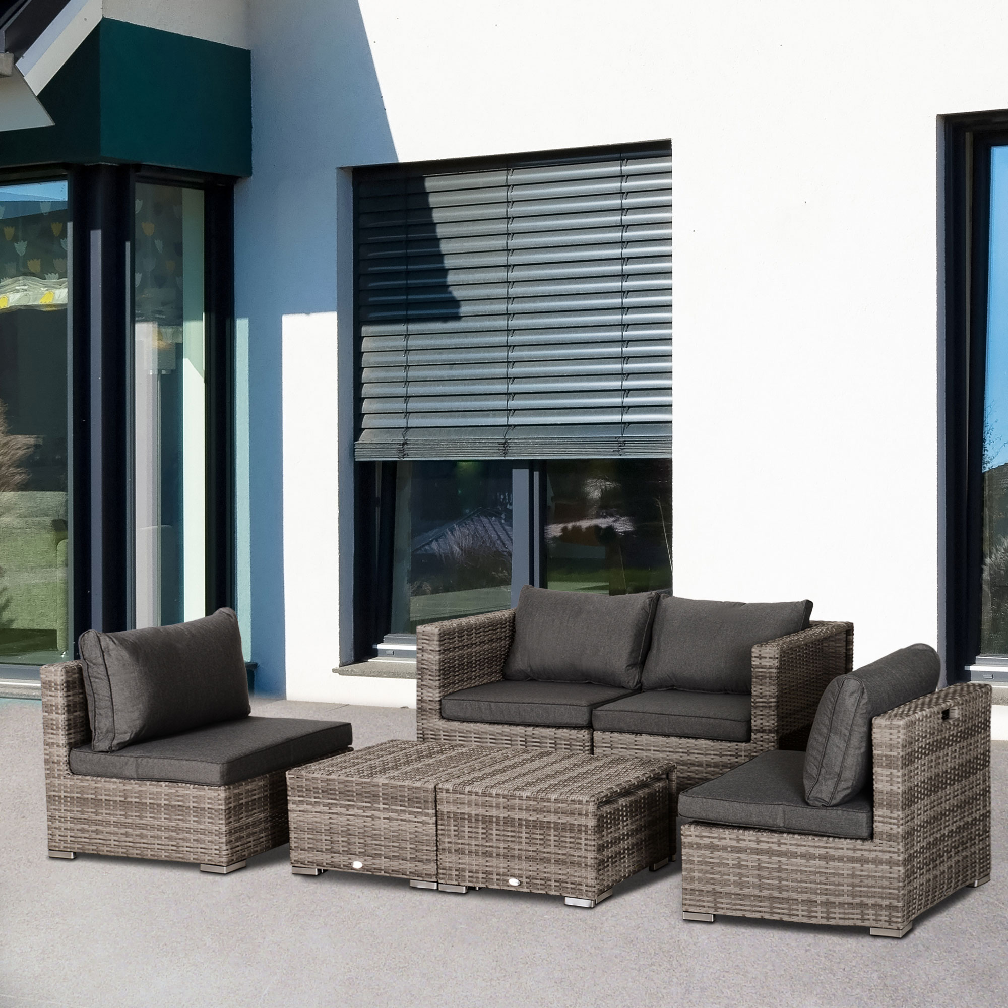 8 Pieces Patio Furniture Set, Outdoor Wicker Rattan Sofa Set Yard Conversation Seat Tea Table and Footstool Garden Patio Furniture w/ 2 Set Cushion Cover Grey & Orange - Image 6