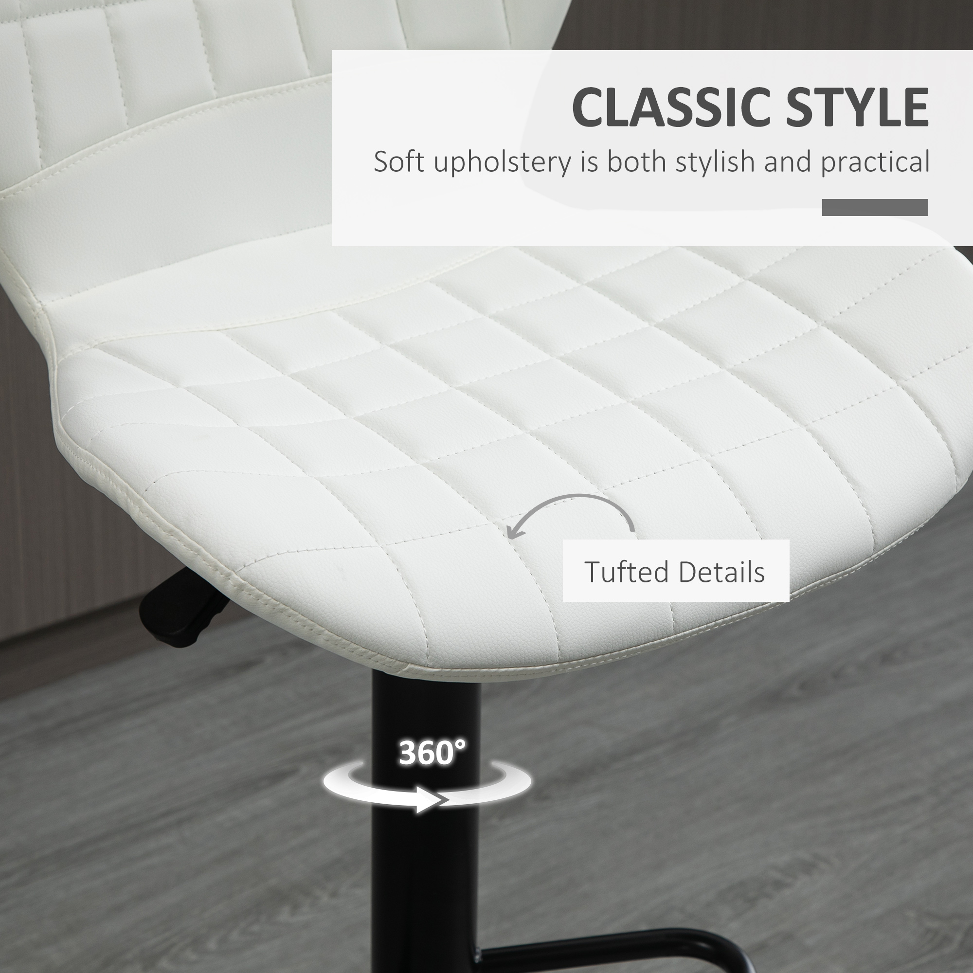 Bar Stools Set of 2 Adjustable Height Swivel Bar Chairs in PU Leather with Backrest & Footrest, White - Image 5