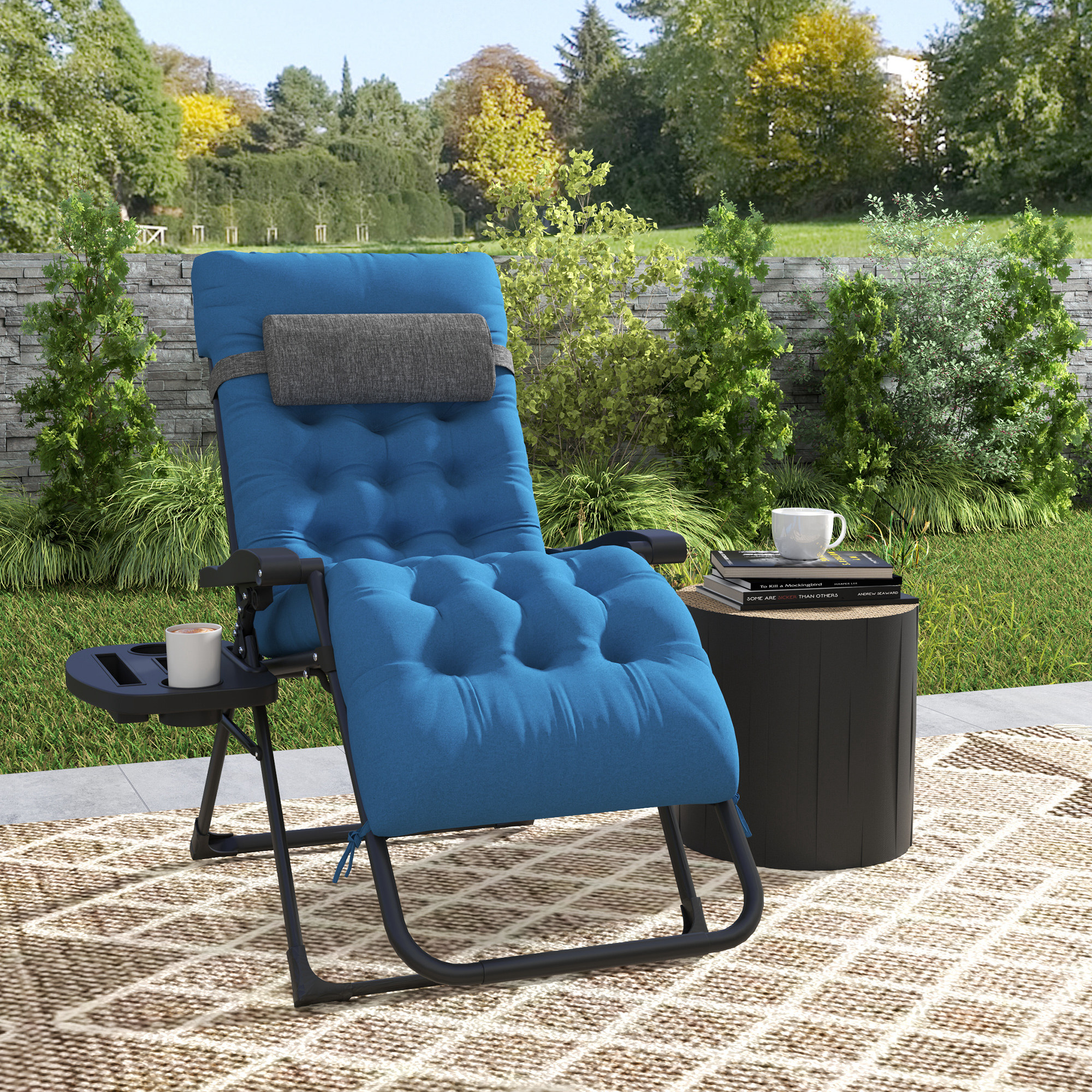 Padded Folding Recliner Chair, Patio Lounger with Cupholder, Adjustable Backrest, Removable Cushion, Navy Blue - Image 6