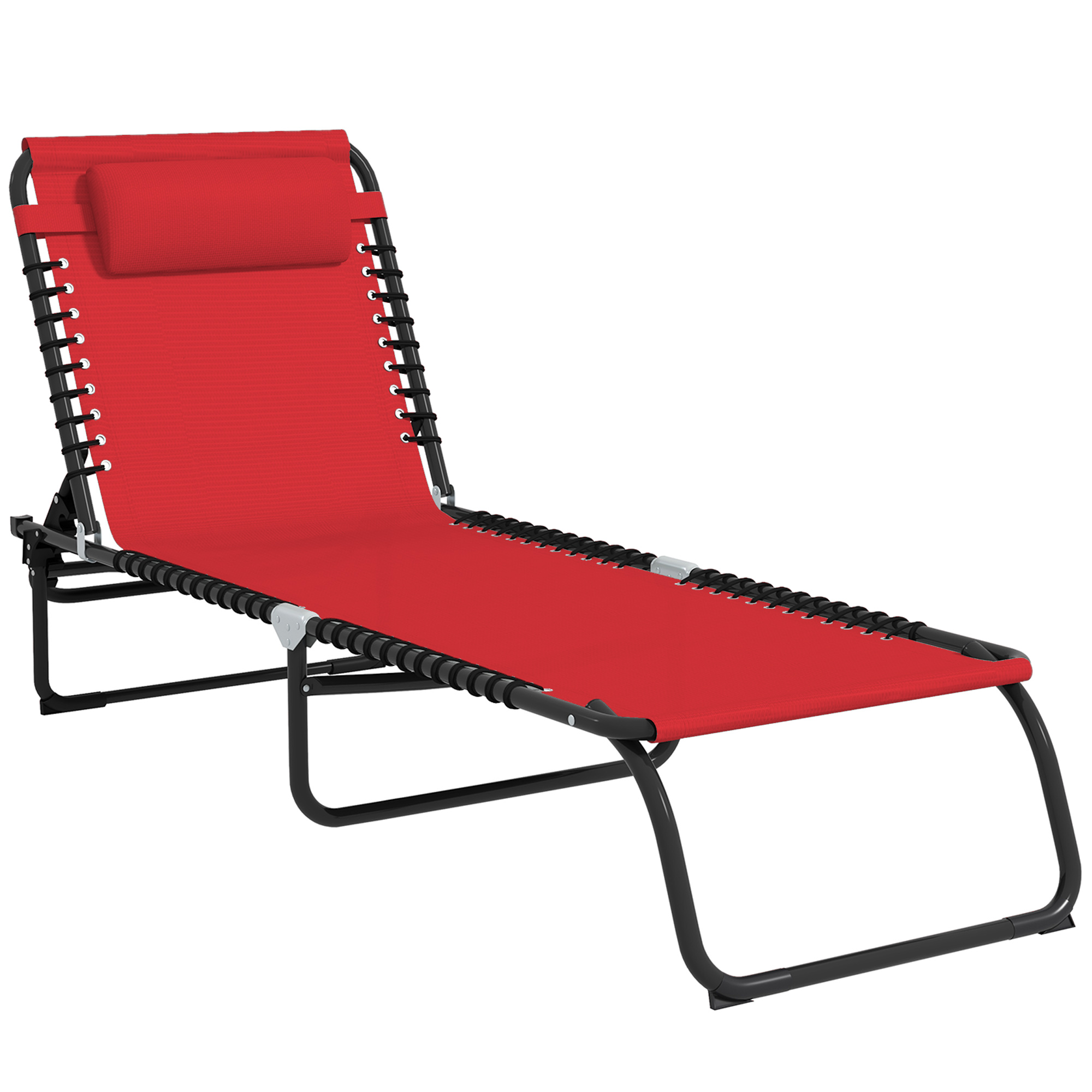 Outdoor Folding Lounge Chair, 4-Level Adjustable Chaise Lounge with Headrest, Tanning Chair Beach Bed Reclining Lounger Cot for Camping, Hiking, Backyard, Wine Red