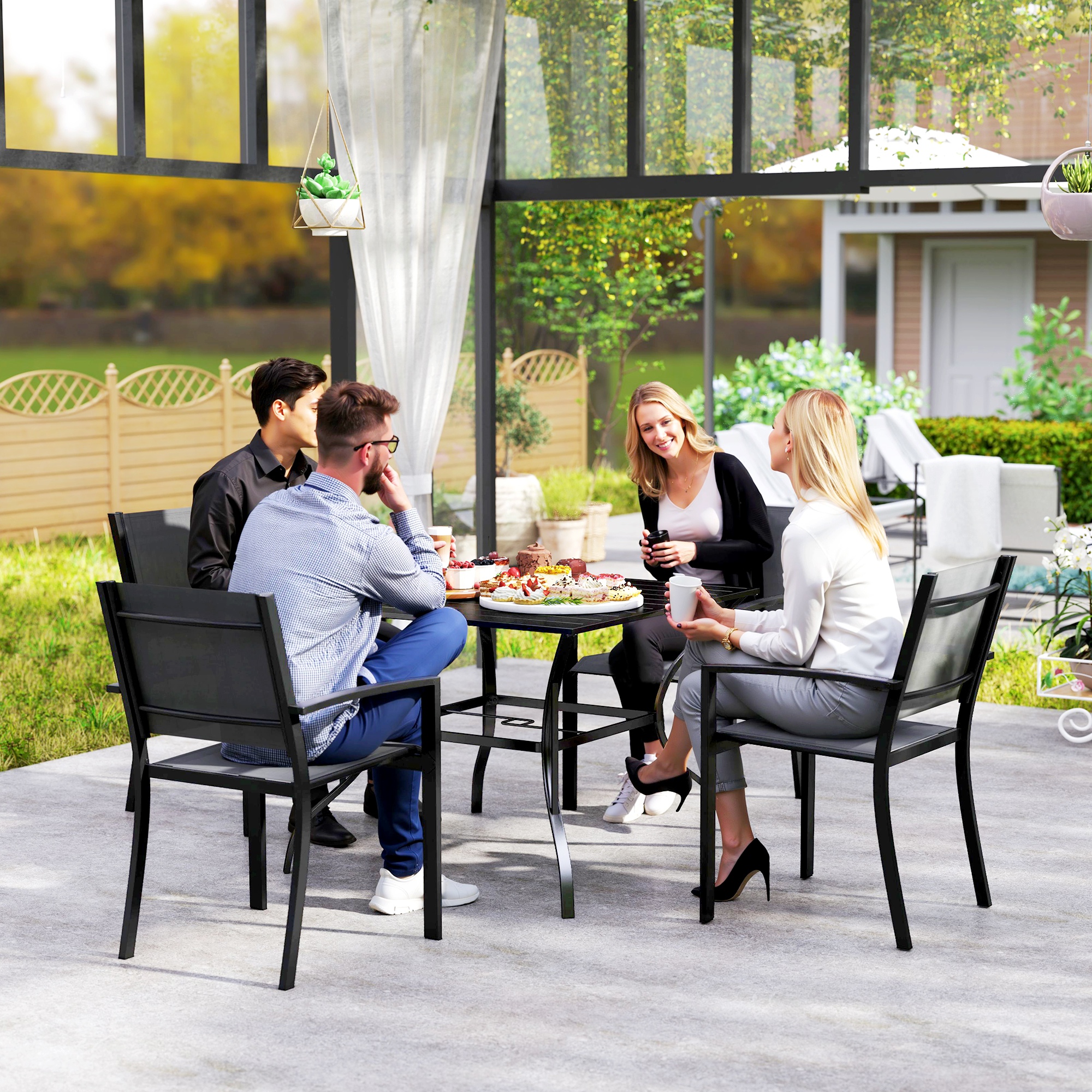 Outdoor Dining Table for Four, Patio Table with Parasol Hole, Square Garden Table with Slatted Metal Plate Top, for Backyard, Poolside, Black - Image 5