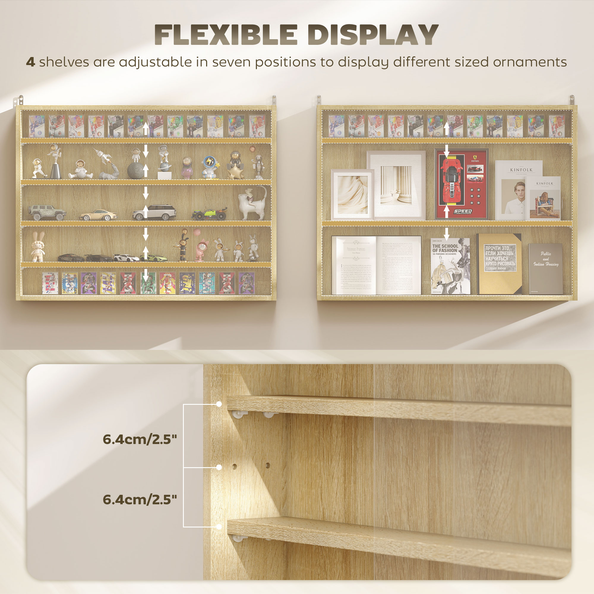 5-storey Display Cabinet, Shot Glass Display Case, Glass Curio Cabinet with 2 Glass Doors and 4 Adjustable Shelves, Oak - Image 2
