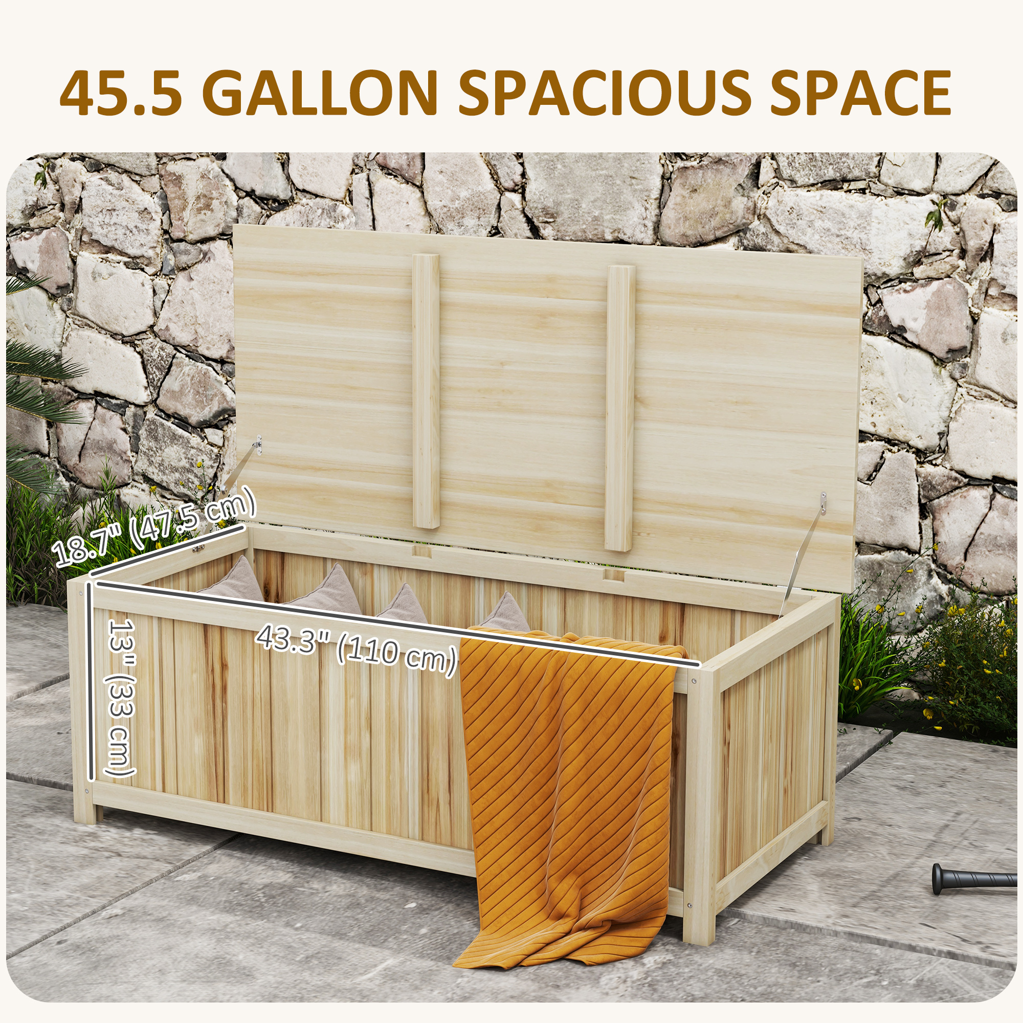 45 Gallon Wooden Storage Box patio Deck Box Bench, Garden Backyard Outdoor Storage Container, Natural - Image 2
