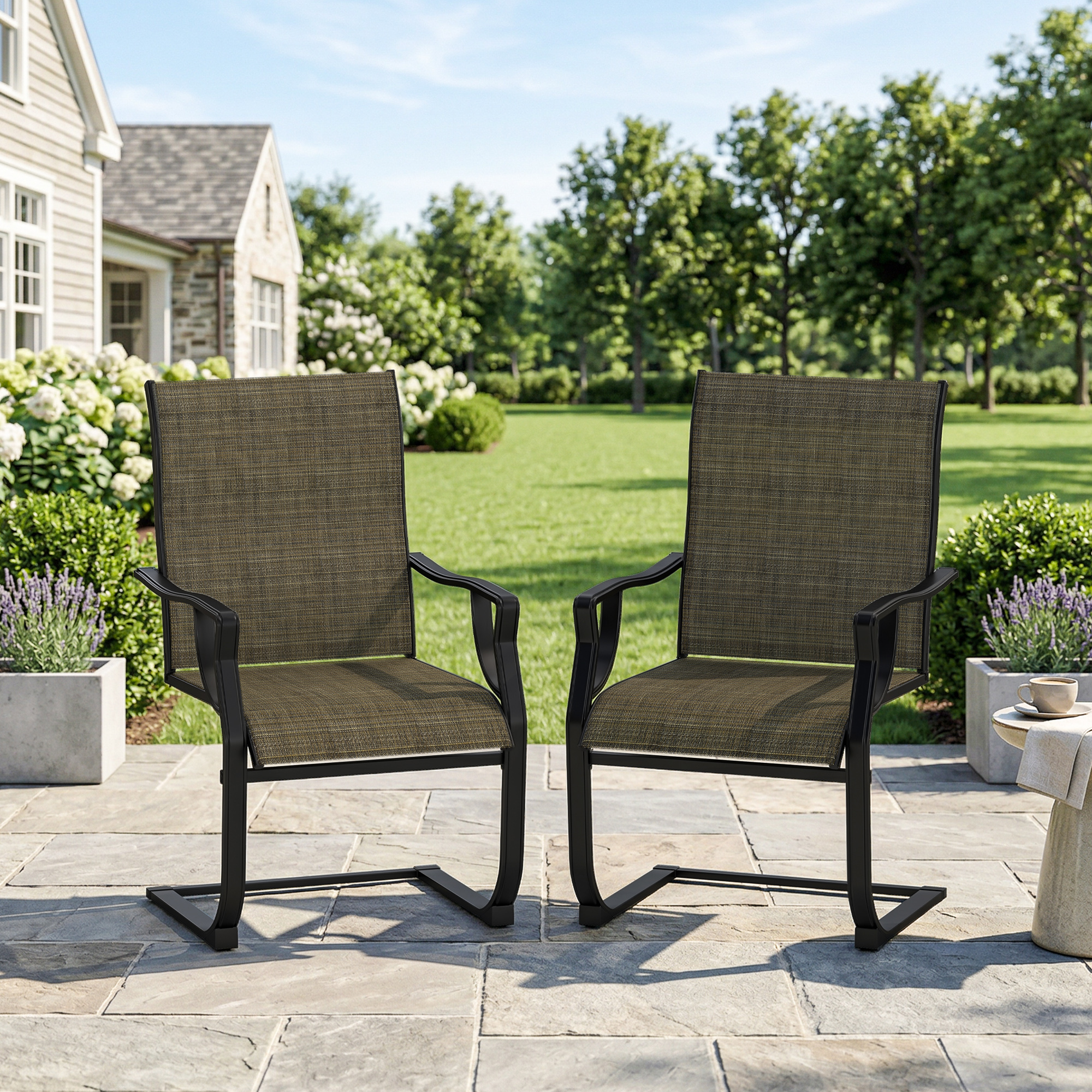 C Spring Motion Patio Chairs Set of 2 with Curved High Backrest, Armrest, All Weather Breathable Fabric, Metal Frame - Image 6