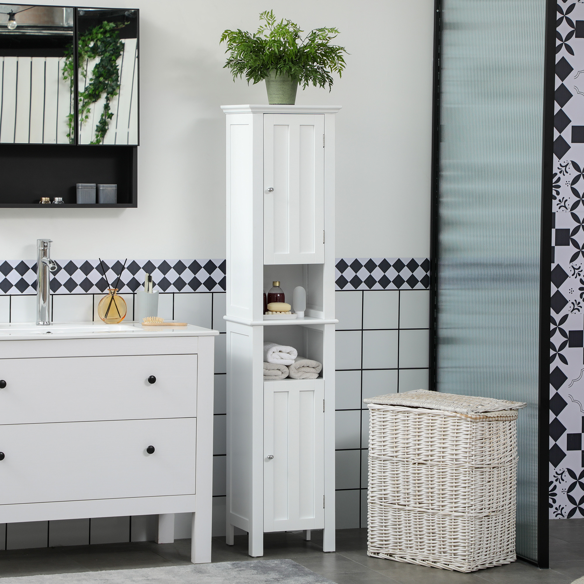 Bathroom Cabinet, Freestanding Linen Cabinet with Open Shelves, 13.8" x 11.8" x 62.4", White - Image 6