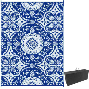 Portable Outdoor Rug with Carry Bag, 9' x 12' Reversible Mat, Waterproof Plastic Straw RV Rug for Backyard, Deck, Picnic, Beach, Camping, Blue & White Flower