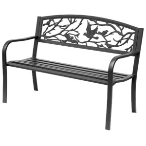 50" Garden Bench Outdoor Loveseat with Vintage Bird Pattern Cast Metal - Black