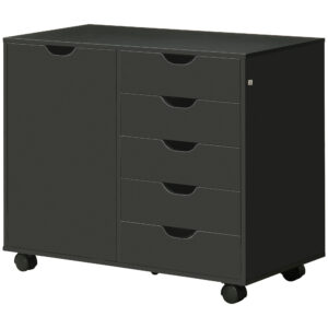 Lateral Filing Cabinet, 5-Drawers File Cabinet with Door and Adjustable Shelf, Mobile Office Storage Cabinet on Wheels, Printer Stand for Home Office, Black