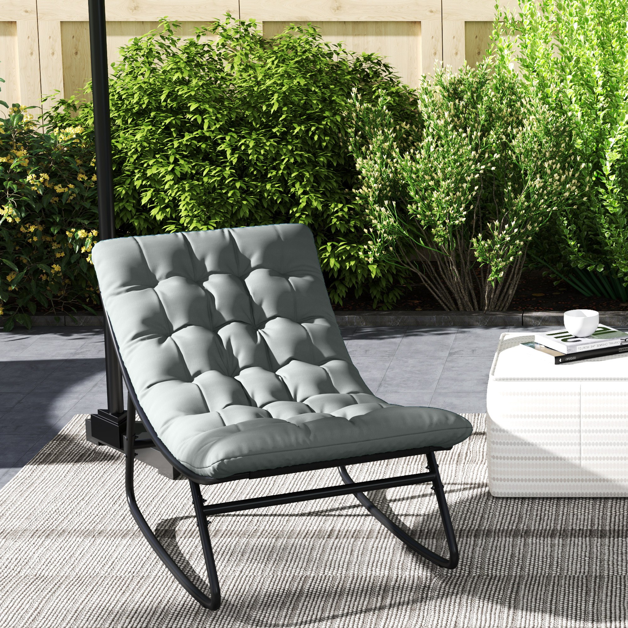Outdoor Patio Rocking Chair with Cushion, Steel Frame Balcony Chair with Mesh Deep Seat for Porch, Garden, Grey - Image 6