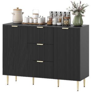 Modern Kitchen Storage Cabinet, Sideboard Buffet Cabinet w/ 3 Drawers and Adjustable Shelves for Kitchen Hallway, Black