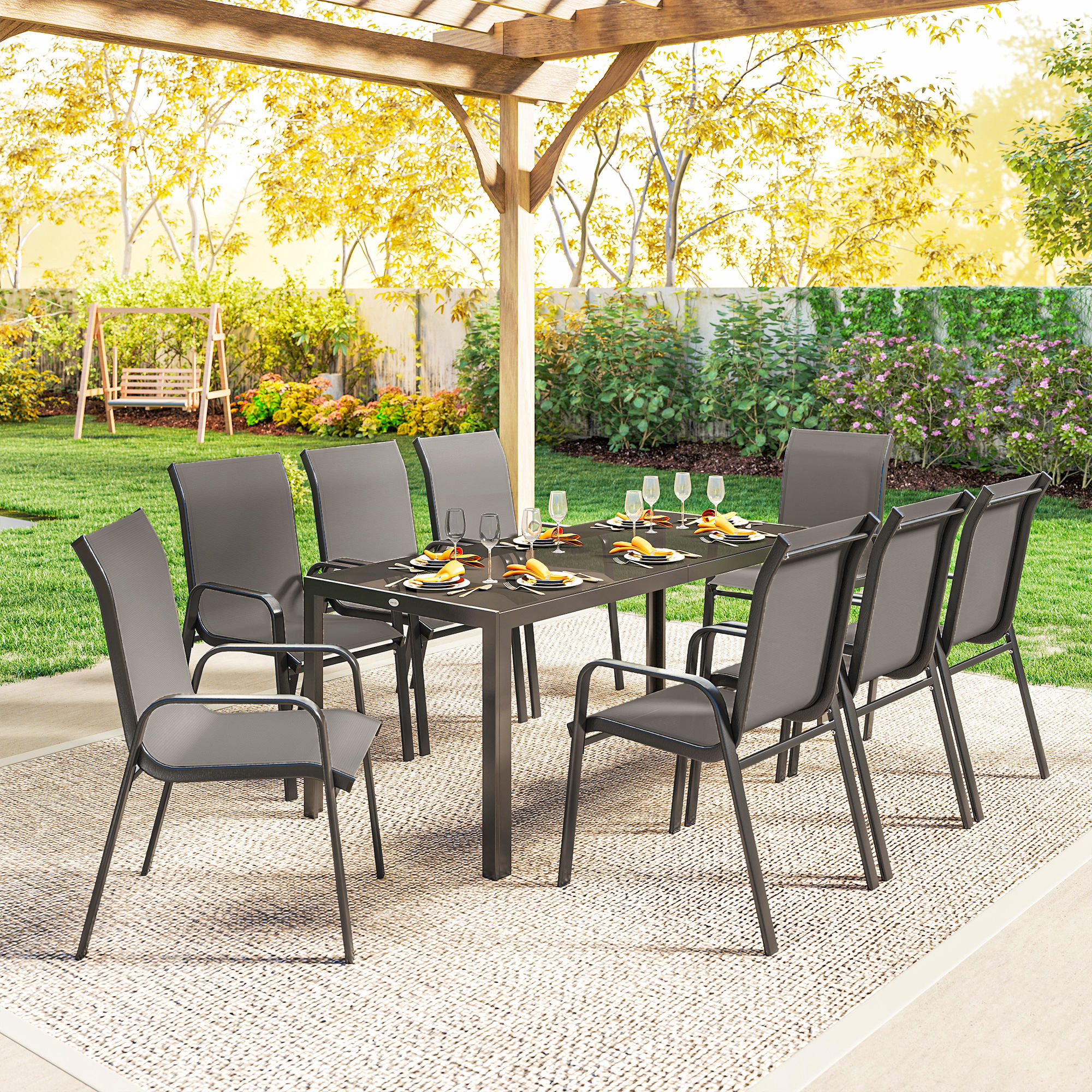 Outdoor Dining Sets for 8 with Stackable Chairs, Patio Dining Set with Glass Top Table for Garden, Patio, Backyard, Dark Grey - Image 5
