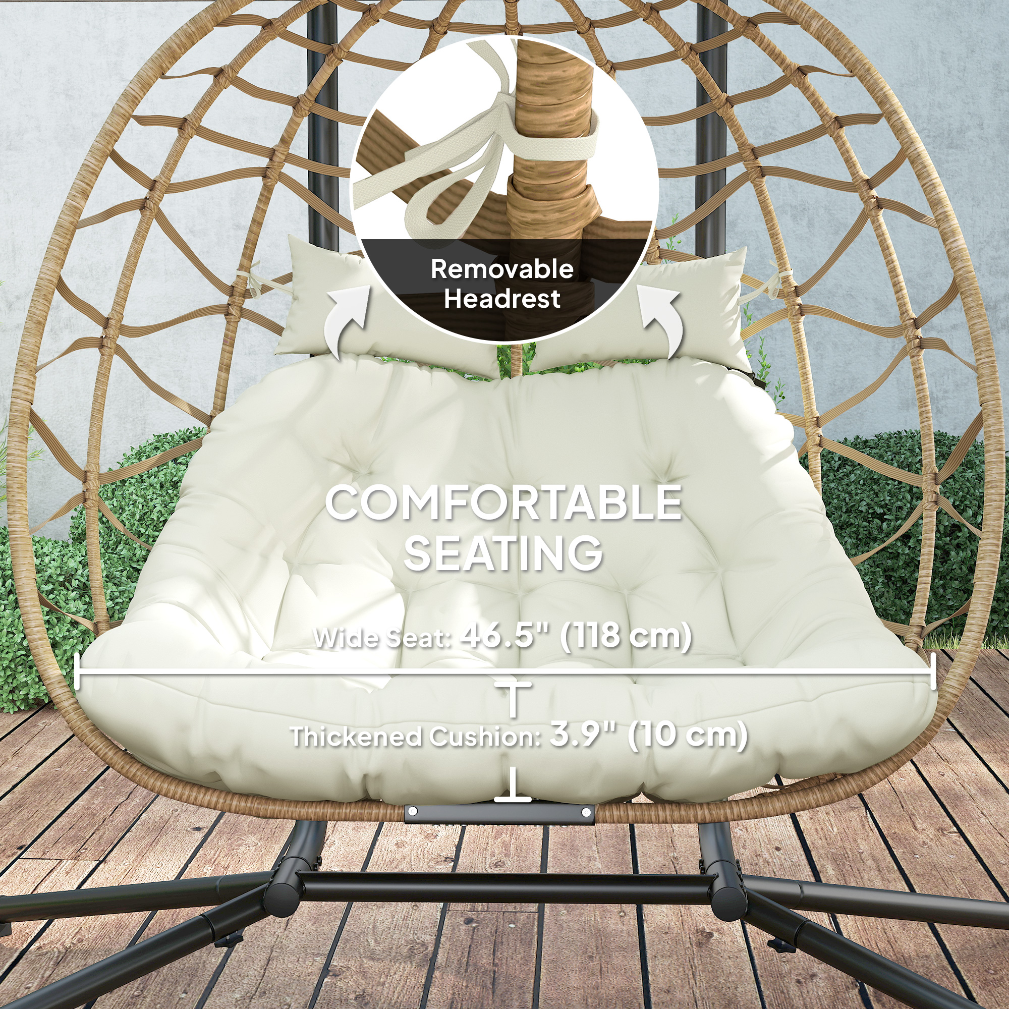Double Wicker Egg Swing Chair with Canopy, Foldable Hanging Egg Chair with Stand Cushion Headrest, Beige - Image 5