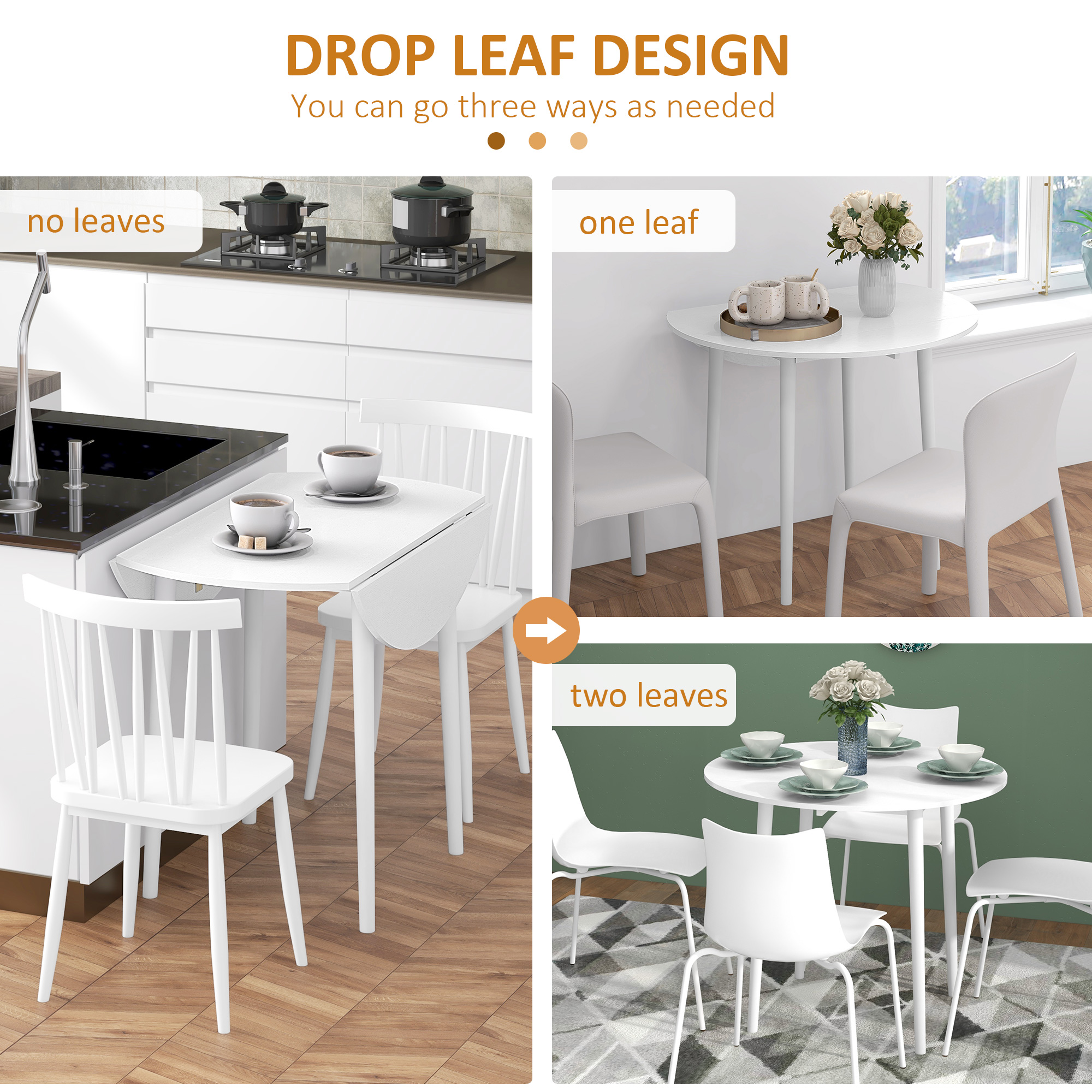 Folding Dining Table, Round Drop Leaf Kitchen Table for Small Spaces with Wood Legs, Distressed White - Image 2