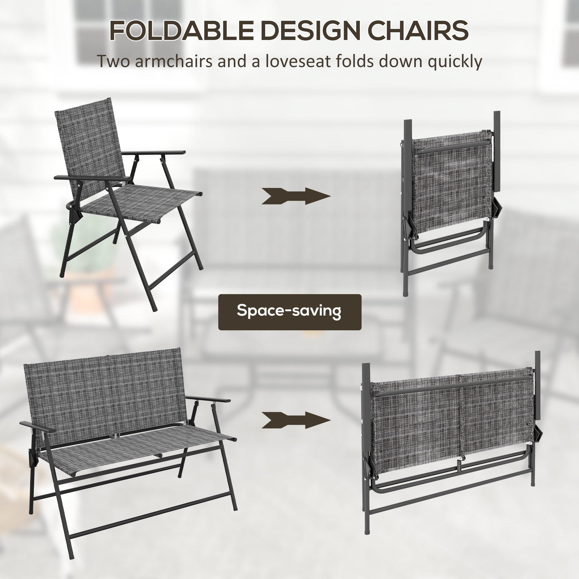 Outdoor 4 Pieces Patio Furniture Set, Garden Set with Two Foldable Armchairs, a Loveseat & Glass Top Table, Mixed Grey - Image 3