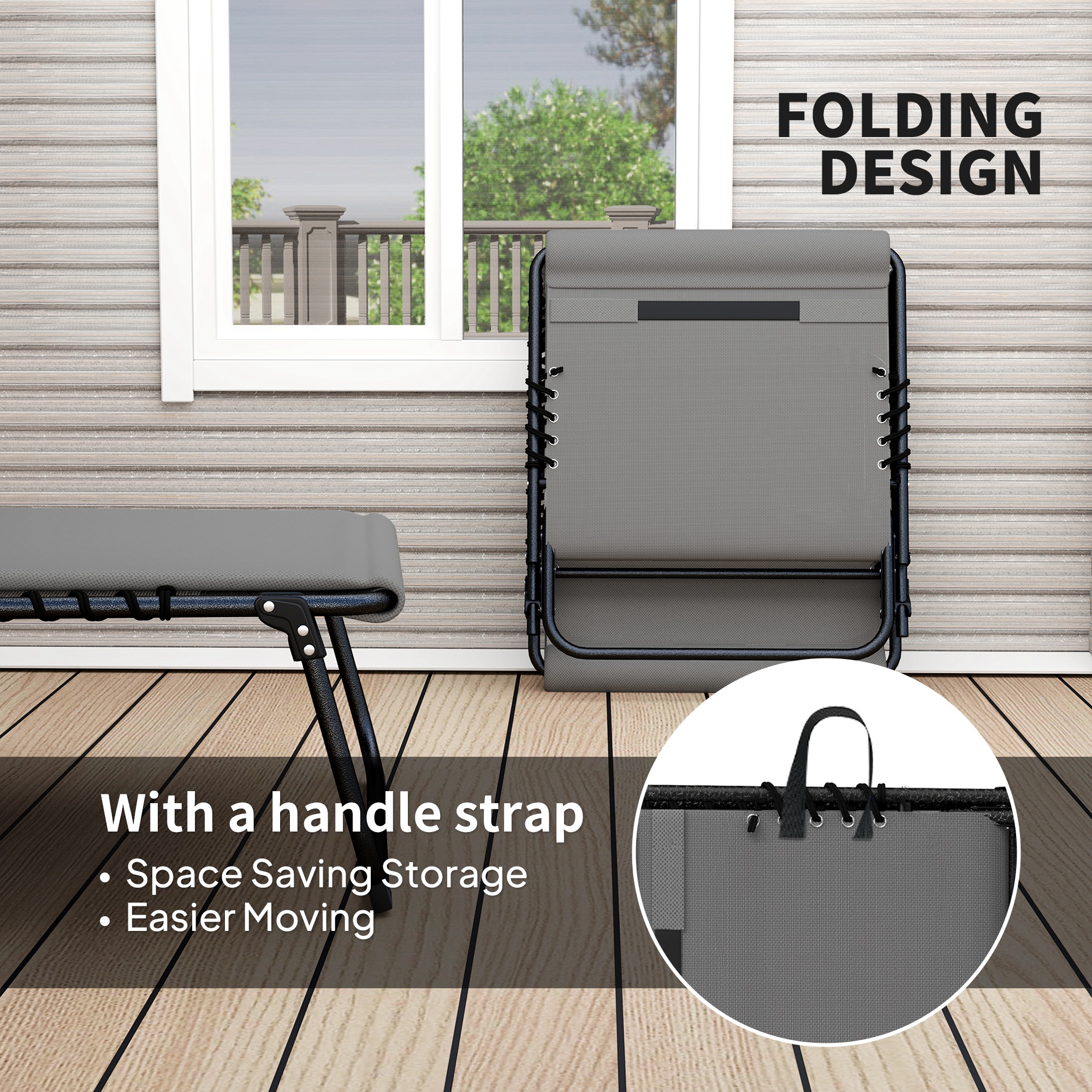 Folding Chaise Lounge Chair Set of 2, Reclining Outdoor Lounge Chair Set with Quick Drying Pad Headrest Side Pocket, Tanning Chair Set for Beach Garden Pool, Light Grey - Image 3
