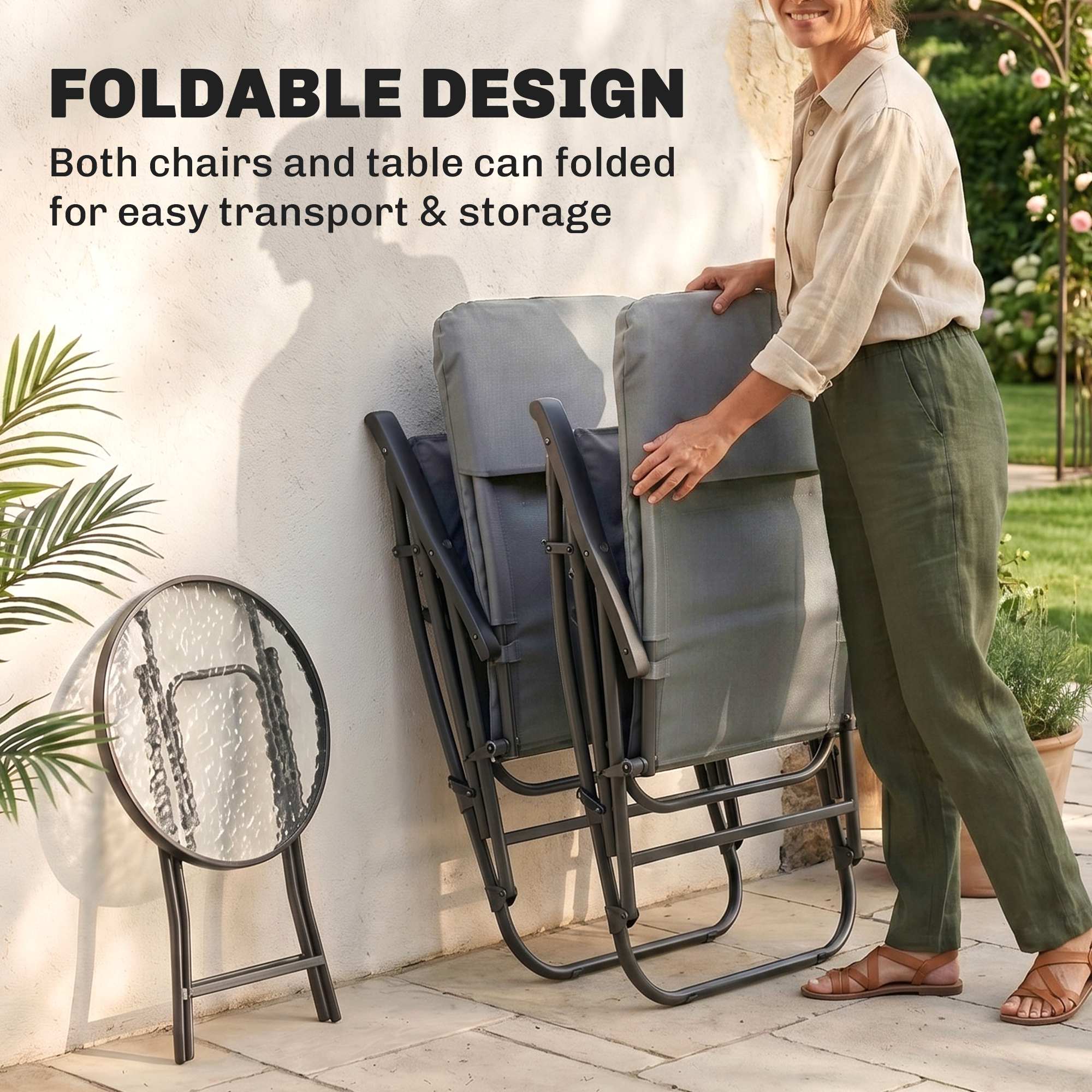 3-Piece Outdoor Foldable Rocking Chair Set, Light Grey - Image 3