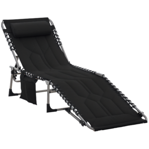 Folding Chaise Lounge Chair, Outdoor Padded Reclining Chair with 5-position Adjustable Backrest, Pillow and Pocket for Patio, Deck, Beach, Lawn and Sunbathing, Black