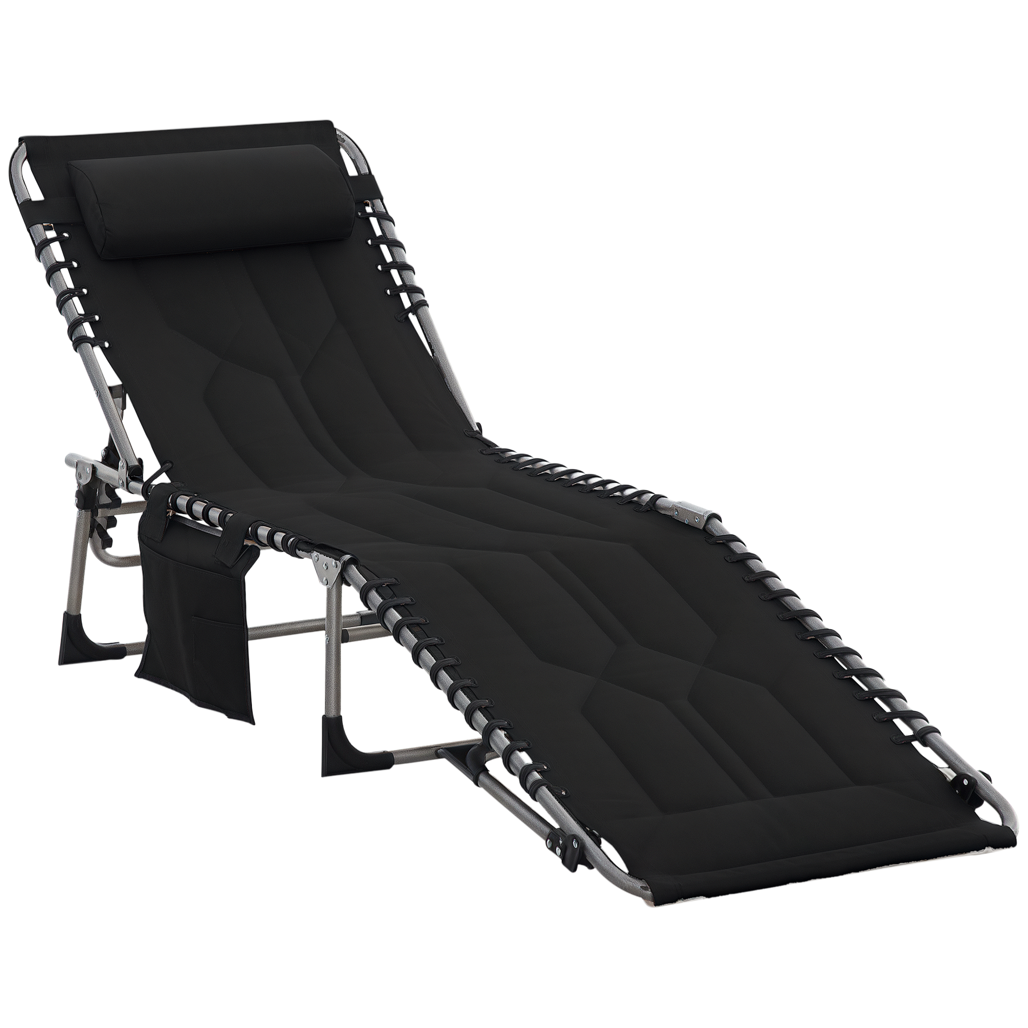 Folding Chaise Lounge Chair, Outdoor Padded Reclining Chair with 5-position Adjustable Backrest, Pillow and Pocket for Patio, Deck, Beach, Lawn and Sunbathing, Black