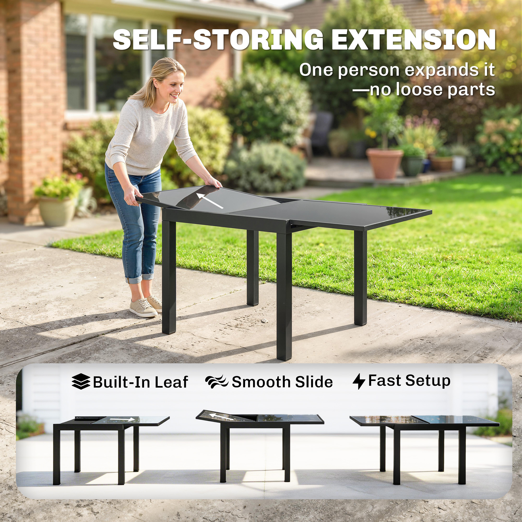 Aluminum Expandable Outdoor Dining Table with Tempered Glass Tabletop and Aluminum Frame, for Garden, Backyard, Black - Image 5