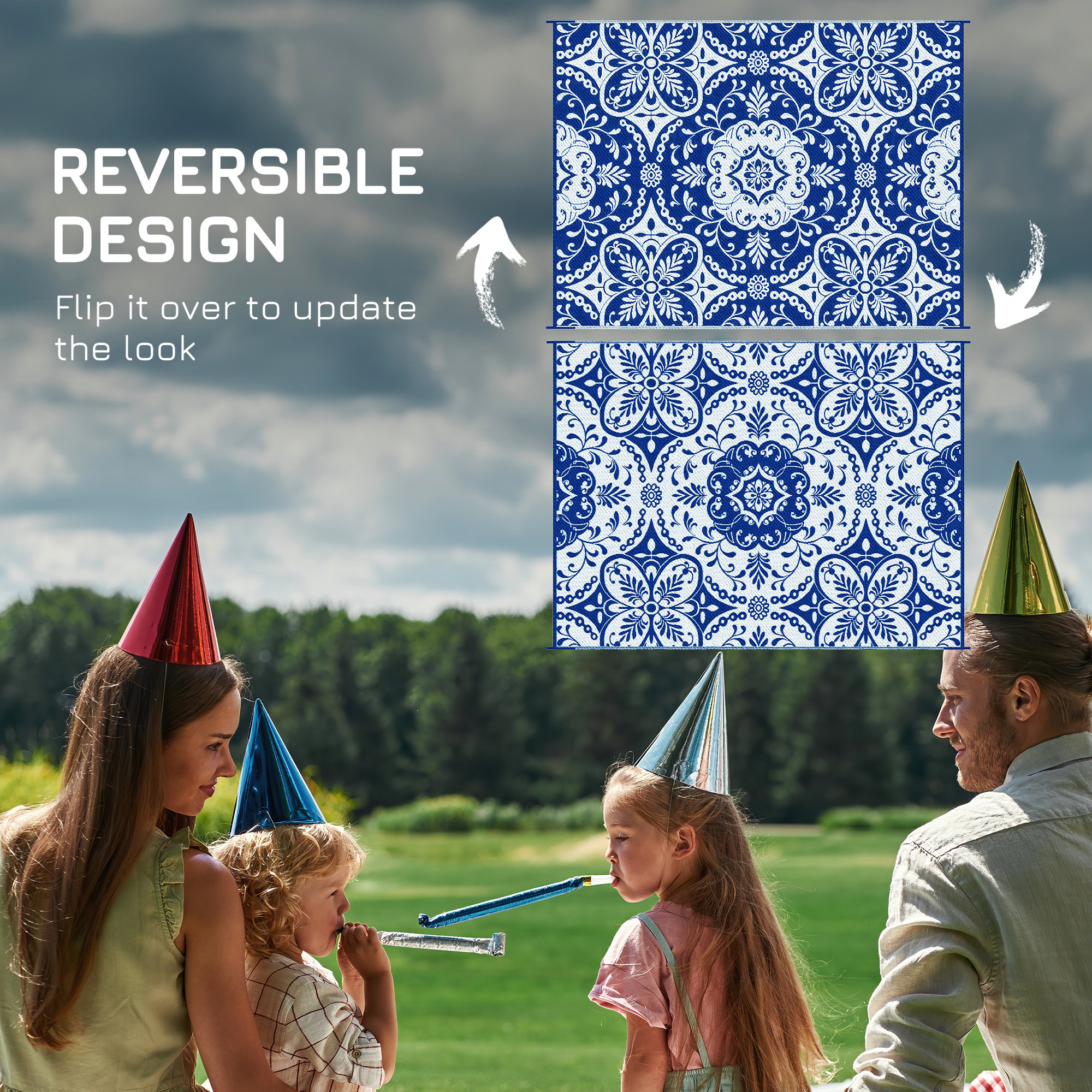 Portable Outdoor Rug with Carry Bag, 9' x 12' Reversible Mat, Waterproof Plastic Straw RV Rug for Backyard, Deck, Picnic, Beach, Camping, Blue & White Flower - Image 5