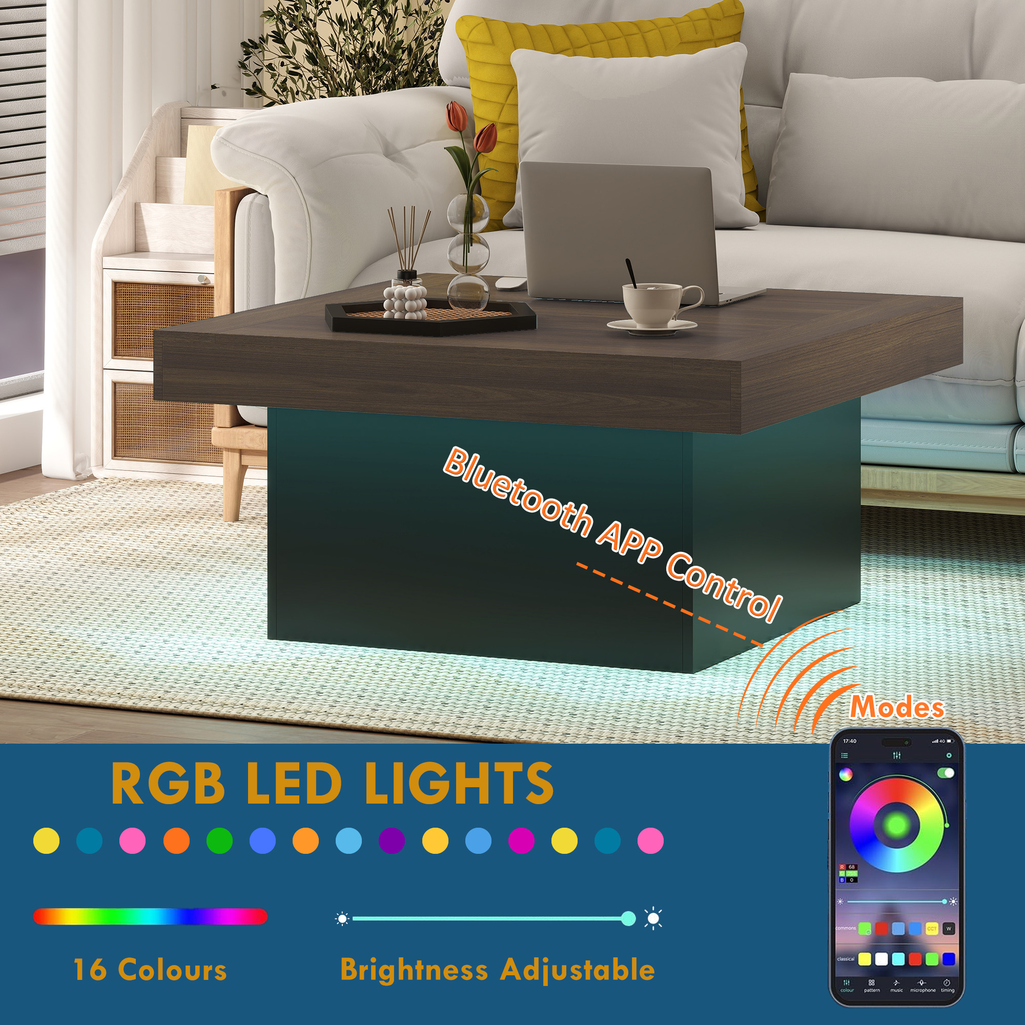 Square Coffee Table with 16-Colour LED Lights, 35-inch Modern Center Table for Living Room, Walnut - Image 2