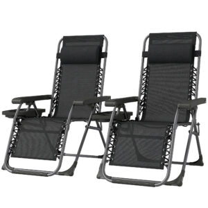 Zero Gravity Chair Set of 2, Folding Reclining Outdoor Lounge Chair with Cup Holder, Headrest, Black