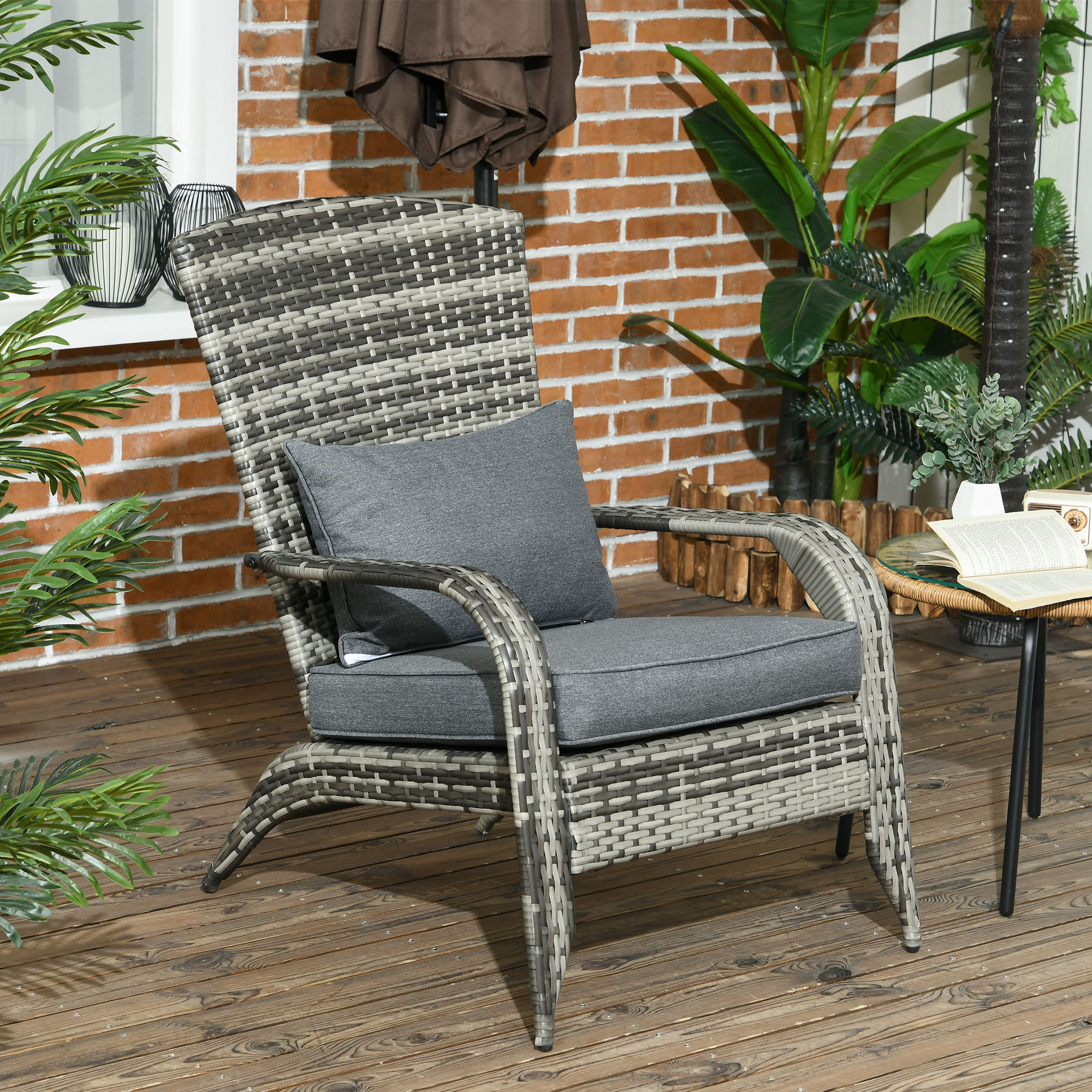 Patio Wicker Adirondack Chair, Outdoor PE Rattan Fire Pit Chair, Muskoka Chair w/ Soft Cushions, Tall Curved Backrest and Comfortable Armrests for Deck Garden, Grey - Image 6