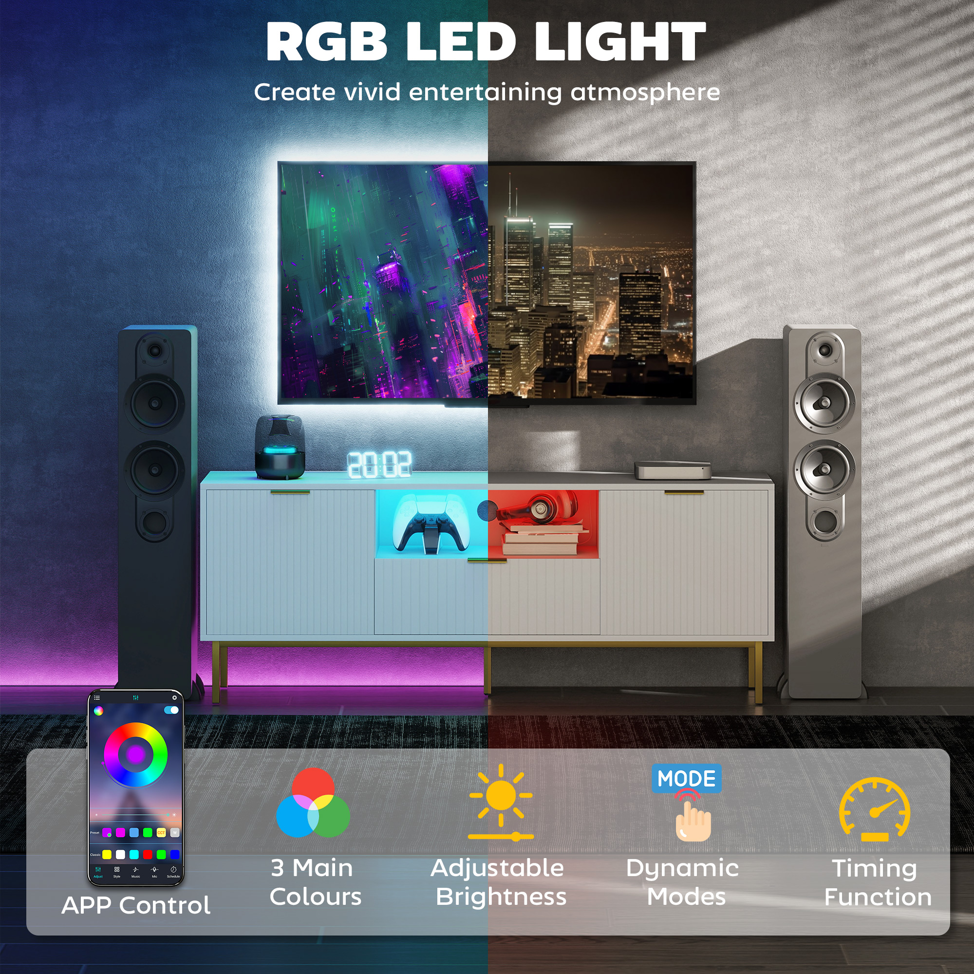 Modern TV Console for TVs up to 60 Inch, Entertainment Center with Smart RGB LED Lights and Soft Close Doors, White - Image 2