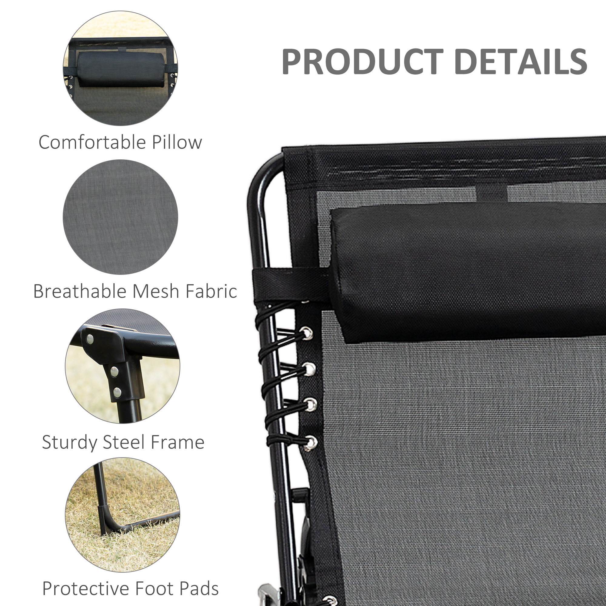 Outdoor Folding Chaise Lounge, Reclining Lounge Chair with Adjustable Backrest and Removable Pillow, Black - Image 3