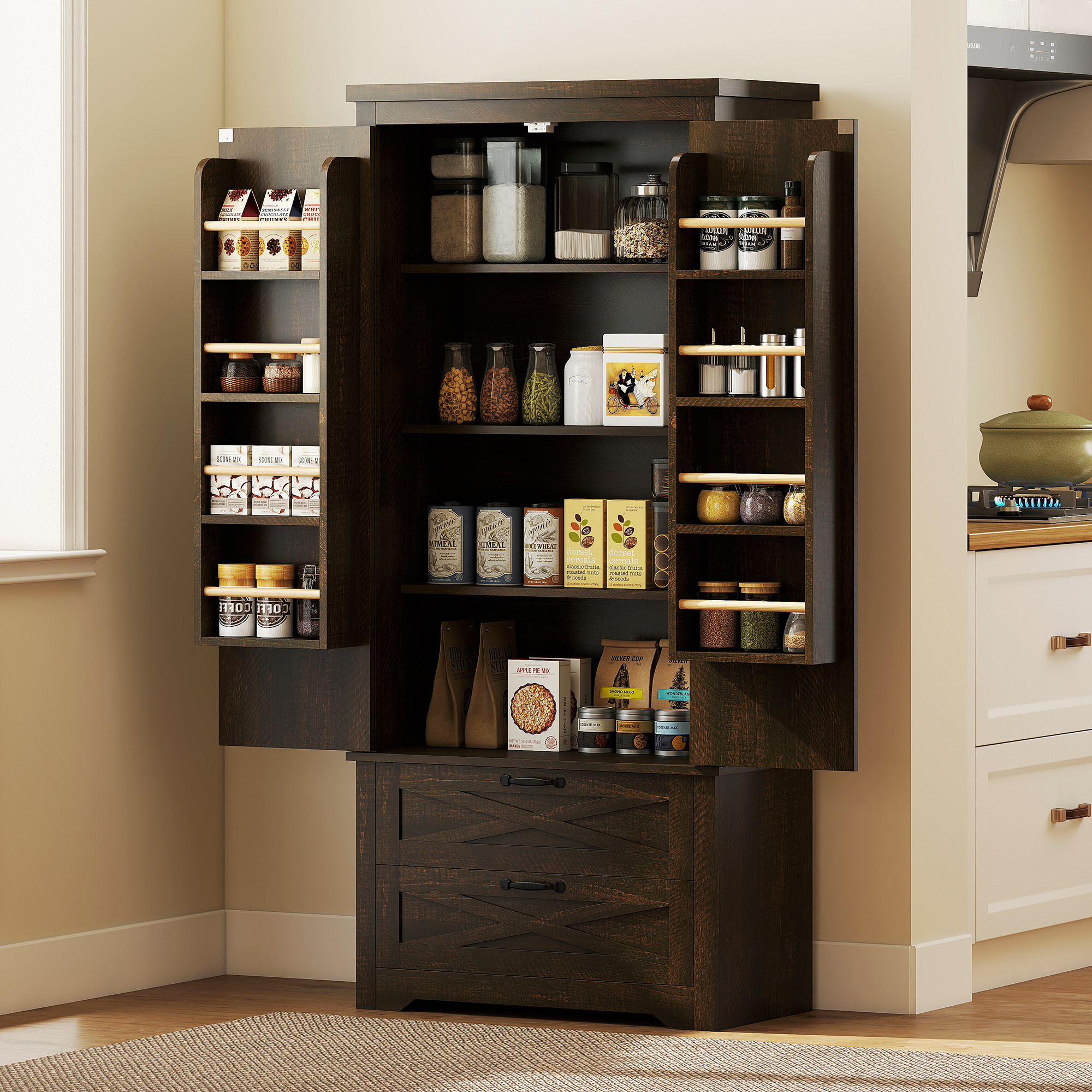Farmhouse Kitchen Pantry Storage Cabinet, 64" Freestanding Kitchen Pantry Cabinet with Drawers, Distressed Dark Brown - Image 6
