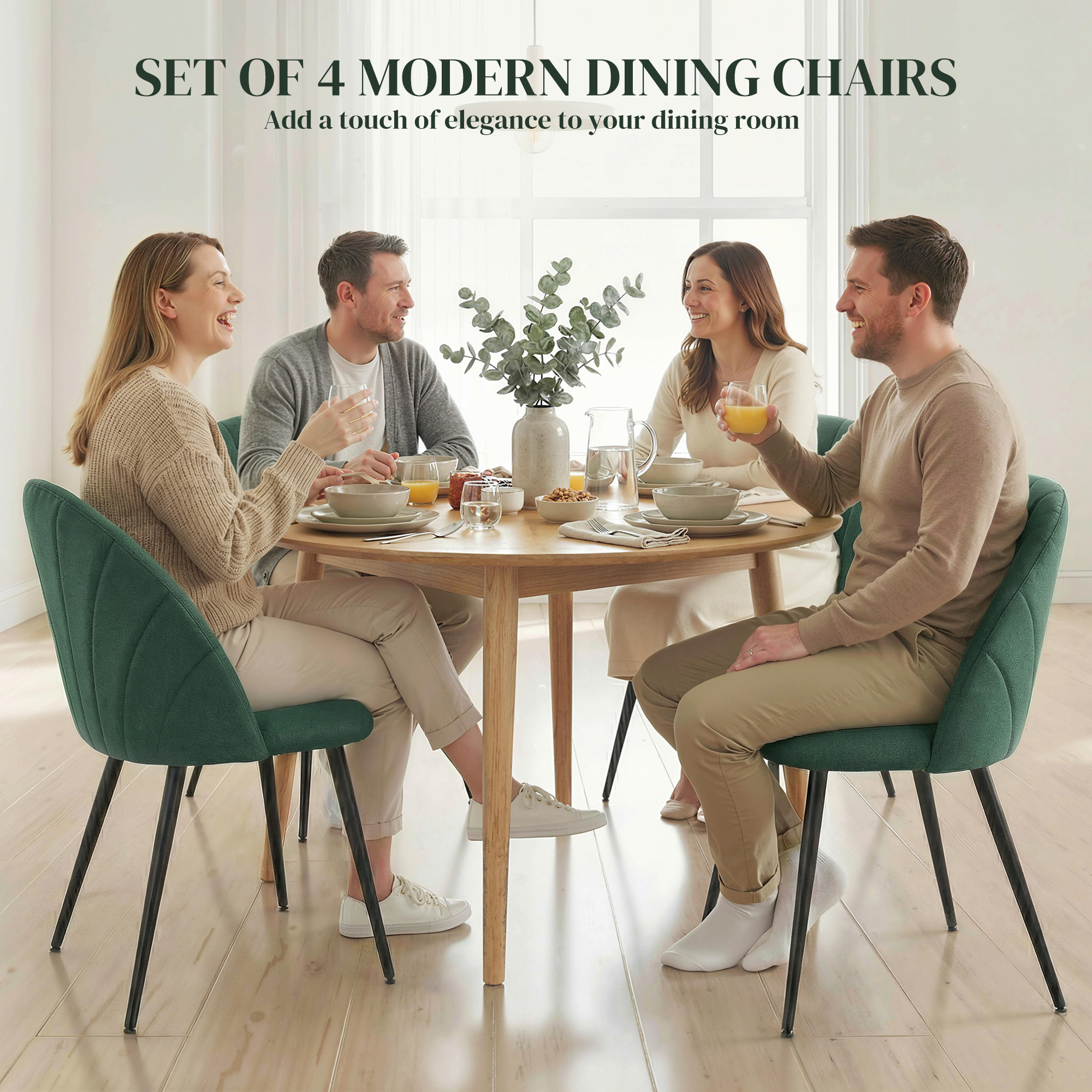 Modern Dining Chairs Set of 4, Upholstered Dining Room Chairs with Metal Legs, Shell Backrest, Padded Seat, Green - Image 2