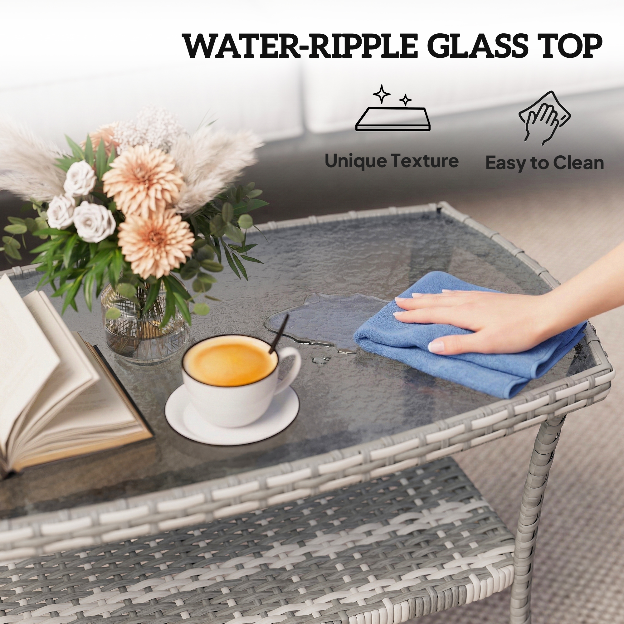 Outdoor Coffee Table with Storage Shelf, PE Wicker Patio Table with Glass Top for Garden, Backyard, Dark Grey - Image 4