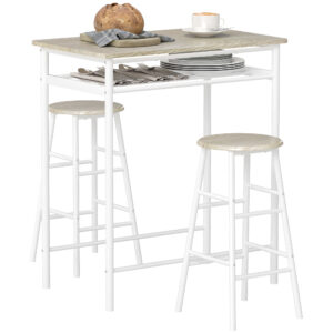 3 Piece Counter Height Bar Table Set with 1 Table, 2 Matching Stools, Dining Table Set with Storage Shelf and Metal Frame Footrest, White and Oak