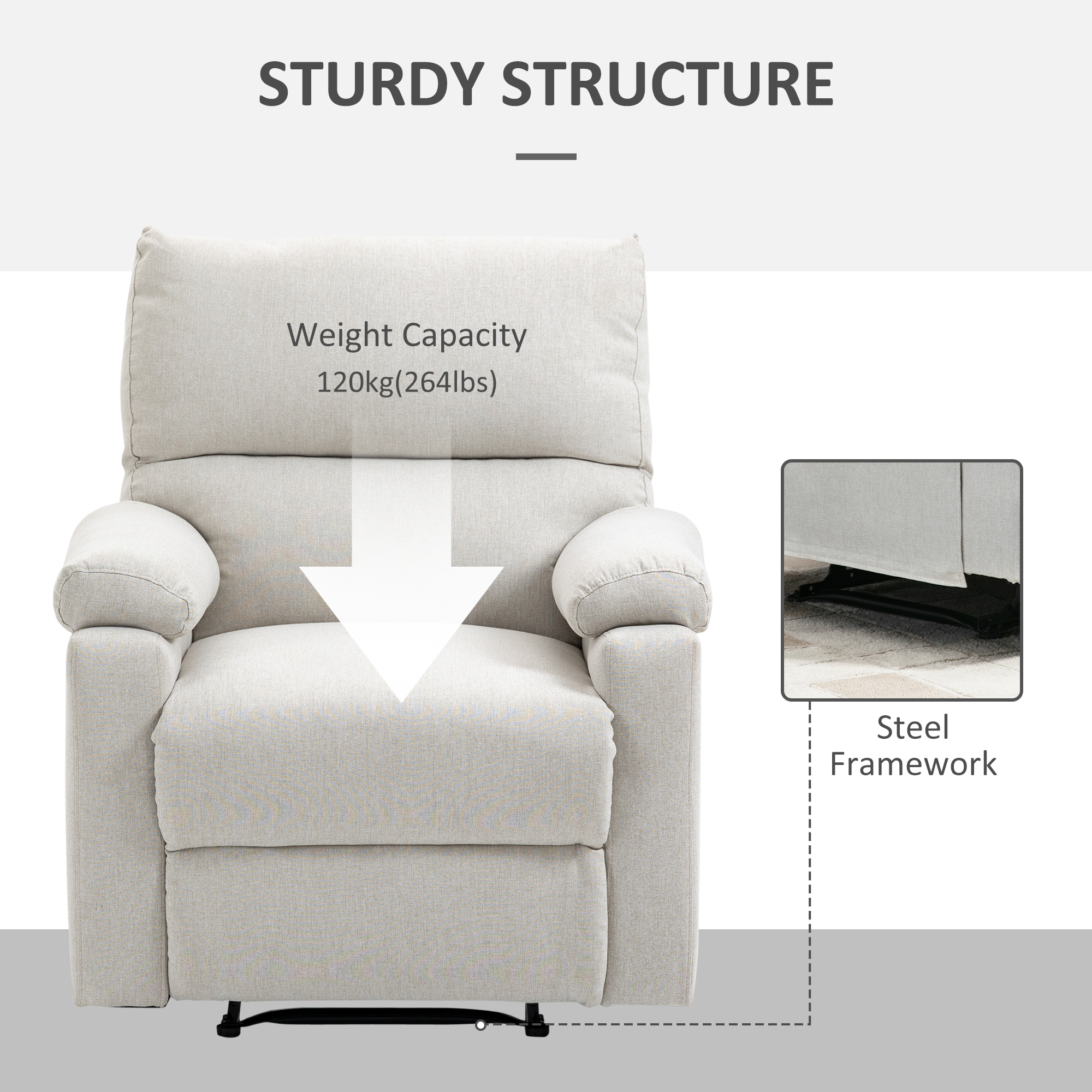 Recliner Chair, Manual Reclining Chair with Footrest, Padded Seat for Living Room, Bedroom, Study, Cream White - Image 4