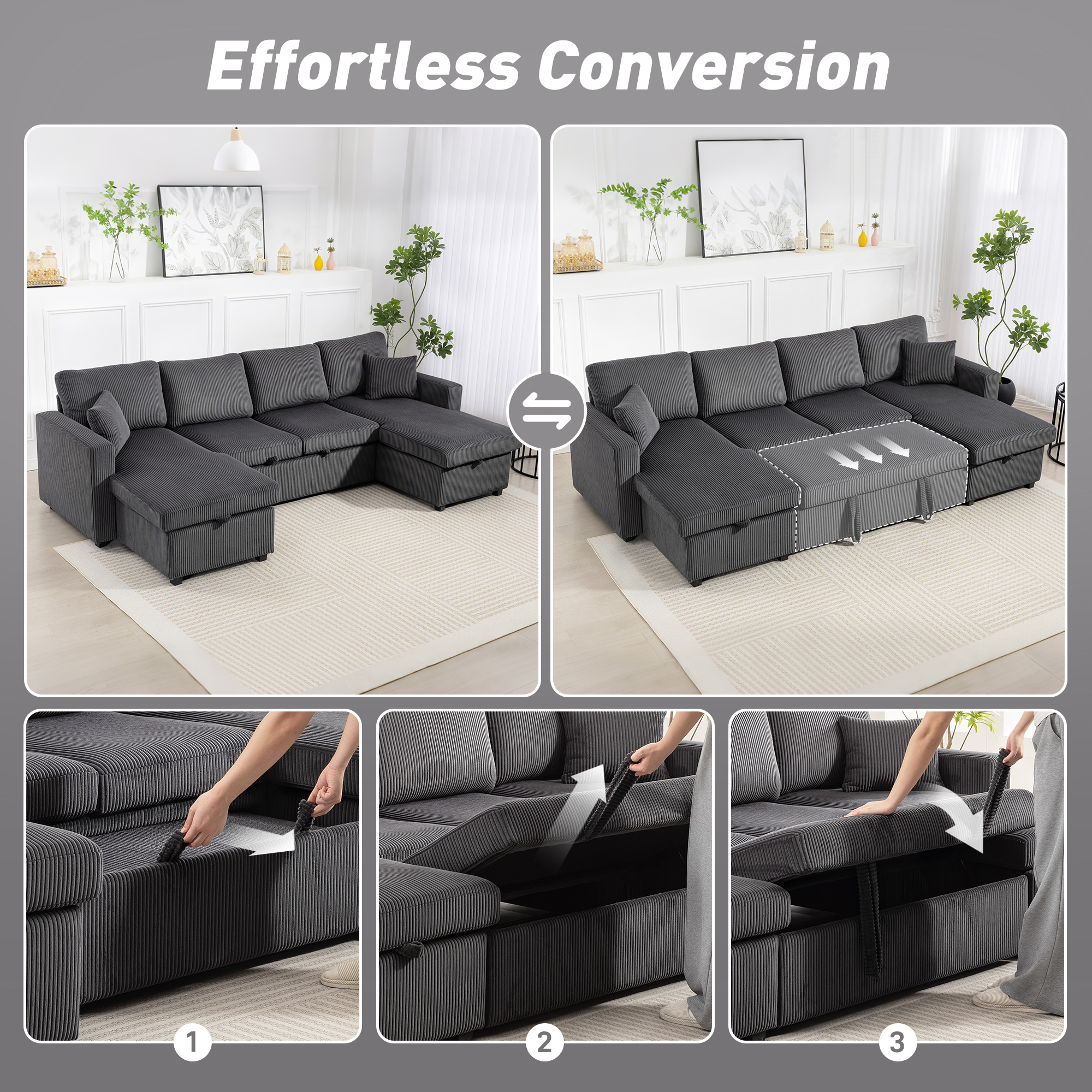 Convertible Sofa Bed, Corduroy U-Shaped Sleeper Sofa Couch with Storage Chaise, Pillows, Spring, Futon Couch, Grey - Image 2