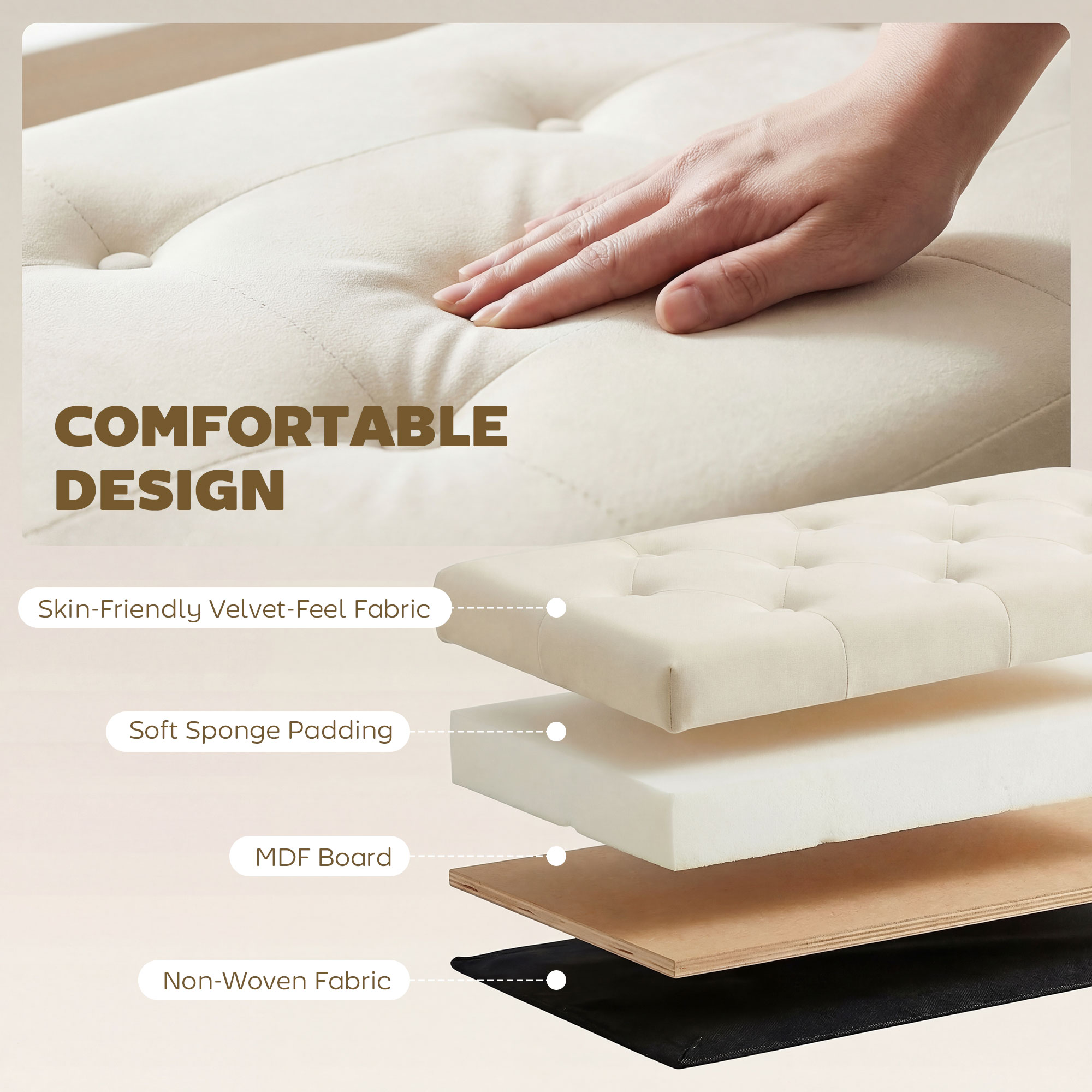 Storage Ottoman, Upholstered Velvet End of Bed Bench, Button Tufted Storage Bench for Bedroom, Living Room, Beige - Image 3