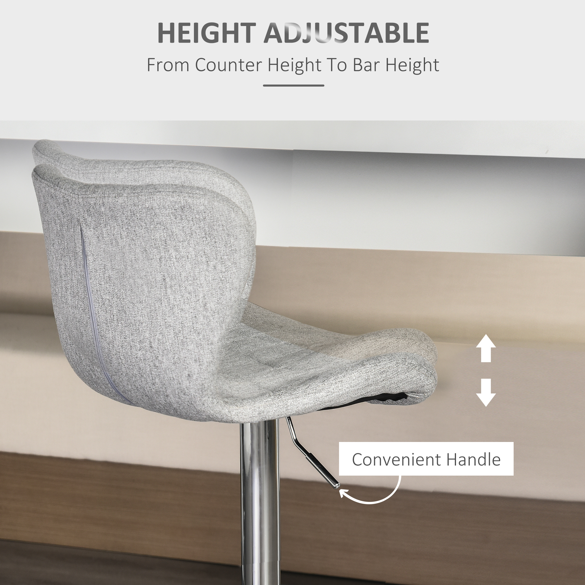 Set of 2 Counter Height Bar Stools Swivel Stool Height Adjustable Bar Chairs with Footrest for Kitchen Dining Home Pub, Grey - Image 3