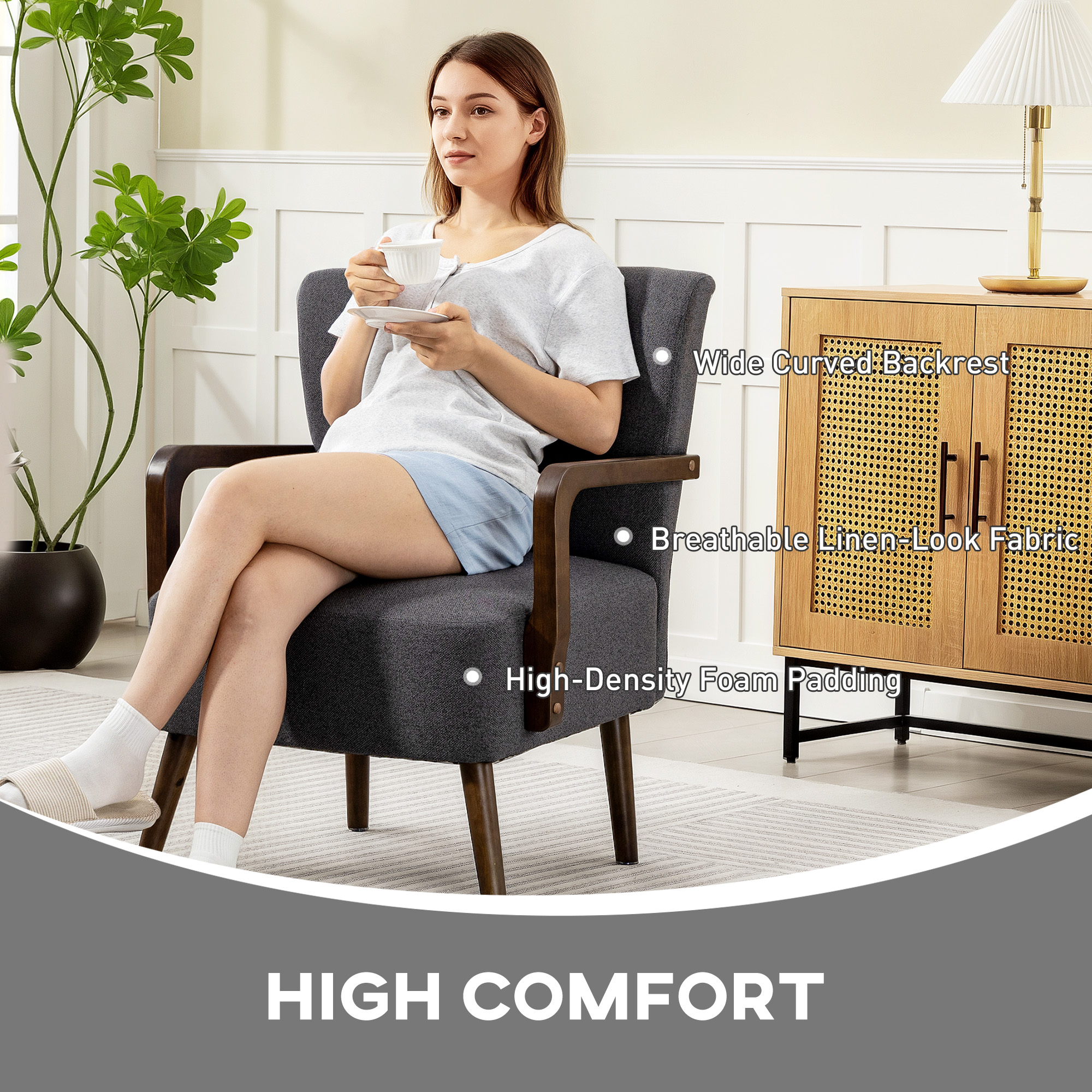 Accent Chair with Wooden Legs, Linen Fabric Armchair with Thick Padding, Comfy Chair for Living Room, Dark Grey - Image 2