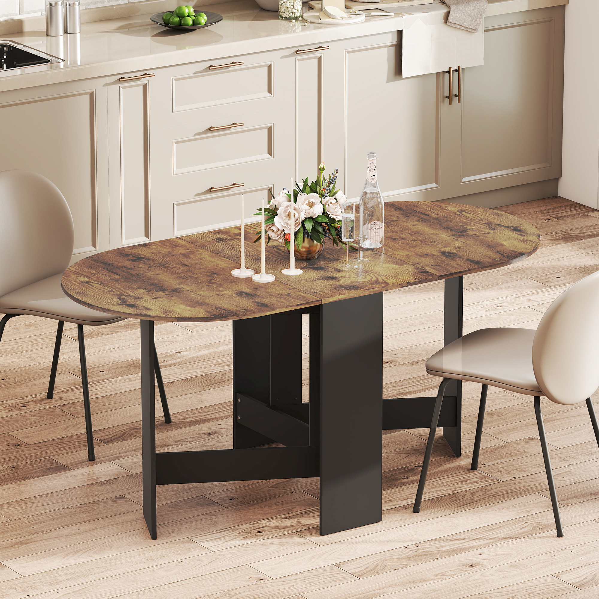 Oval Folding Dining Table, Space Saving Drop Leaf Kitchen Table for Dining Room, Living Room, Rustic Brown - Image 6