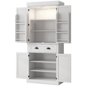 71" Kitchen Pantry Cabinet with LED Lights, 6 Spice Racks, a Drawer and 4 Adjustable Shelves, White