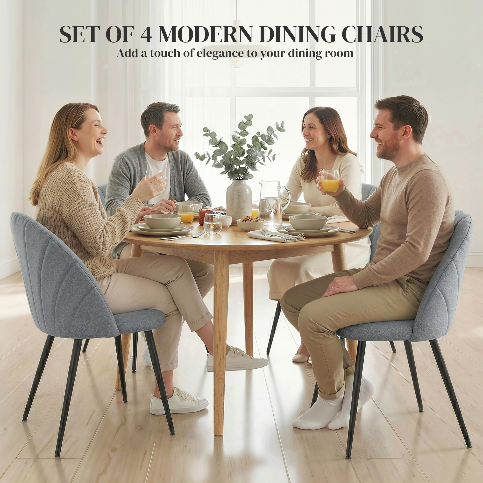 Modern Dining Chairs Set of 4, Upholstered Dining Room Chairs with Metal Legs, Shell Backrest, Padded Seat, Grey - Image 2