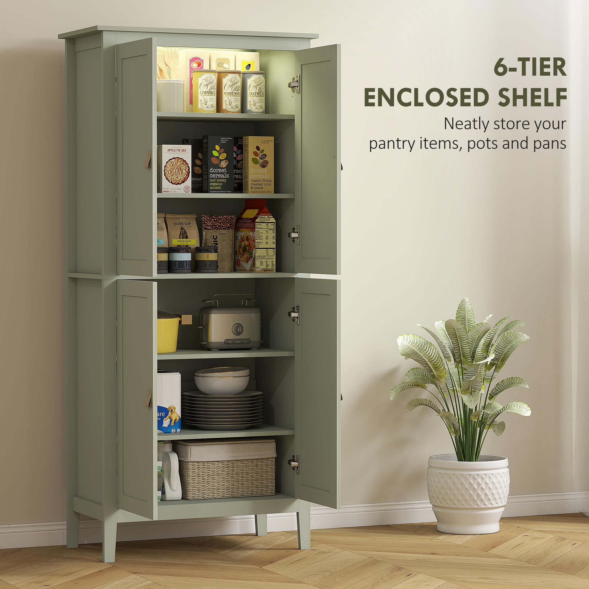 69.5" Tall Kitchen Pantry Storage Cabinet with Motion Sensor LED Light, Modern Kitchen Pantry Cabinet, Green - Image 3