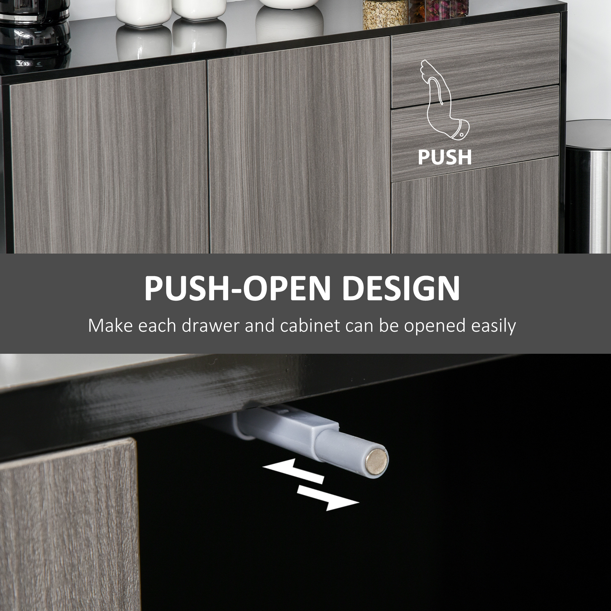 Kitchen Sideboard Storage Cabinet, Modern Coffee Bar with Push-Open Design and 2 Drawers for Living Room, Black - Image 4